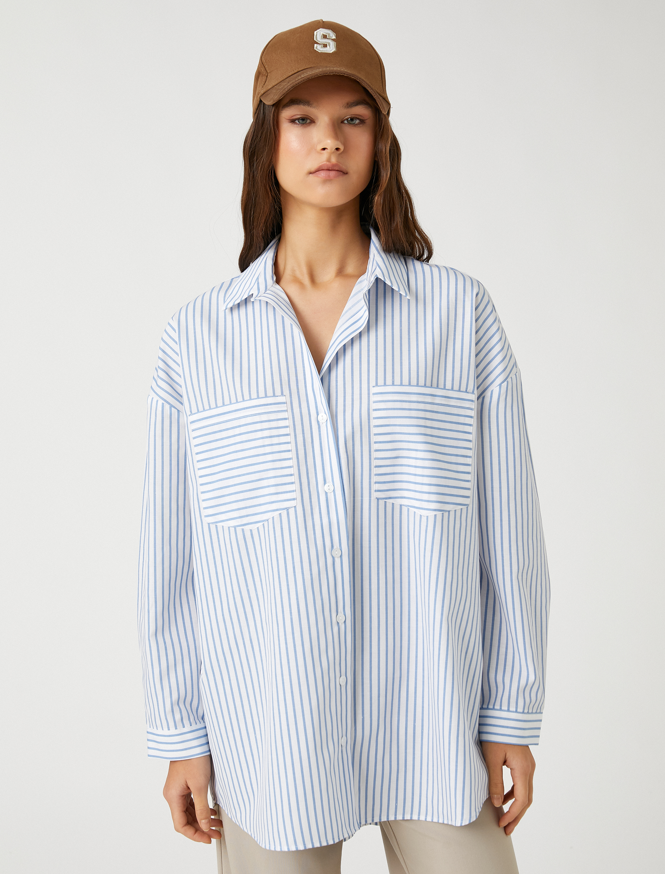   Oversize Gömlek Poplin Çizgili Uzun Kollu Manşet Yaka