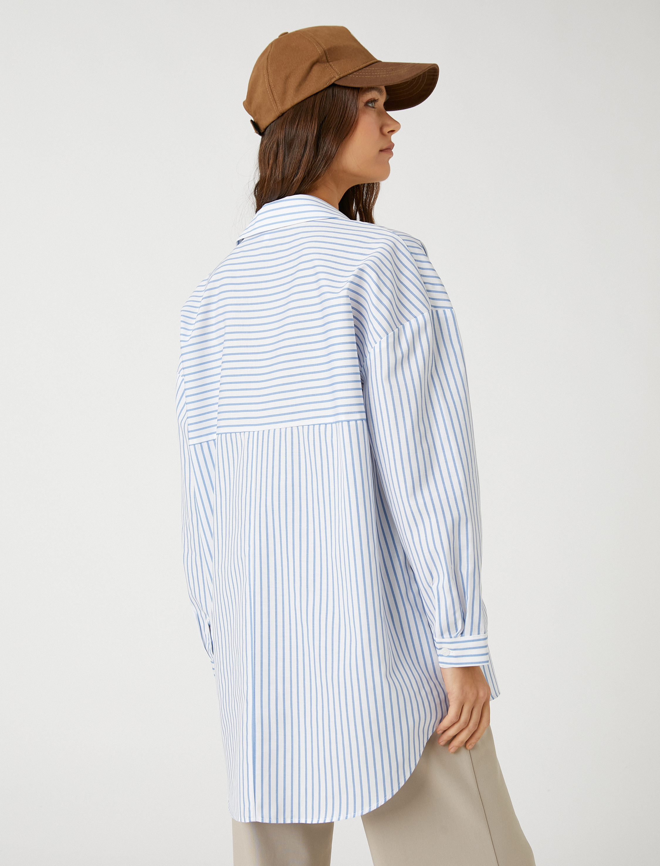   Oversize Gömlek Poplin Çizgili Uzun Kollu Manşet Yaka