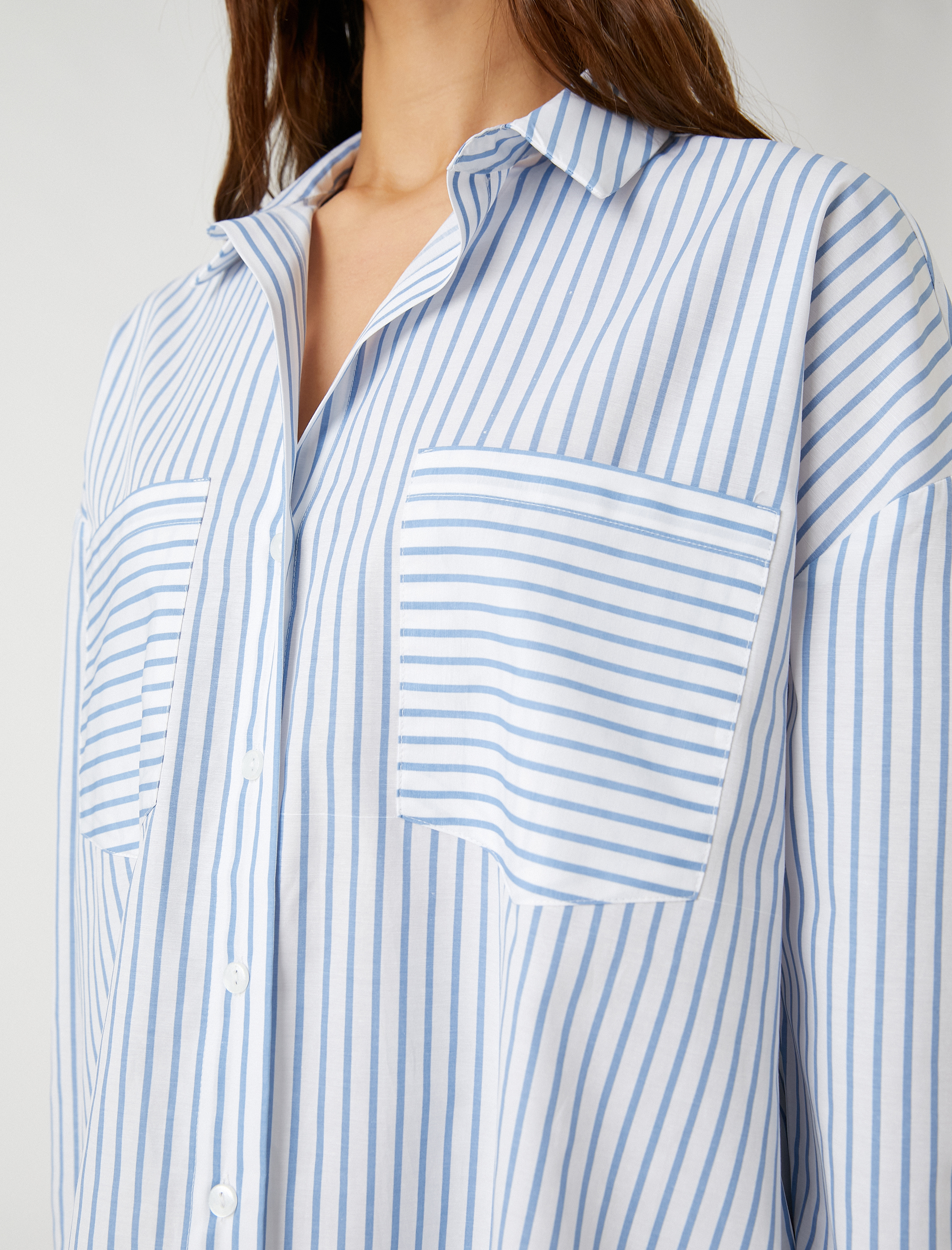   Oversize Gömlek Poplin Çizgili Uzun Kollu Manşet Yaka