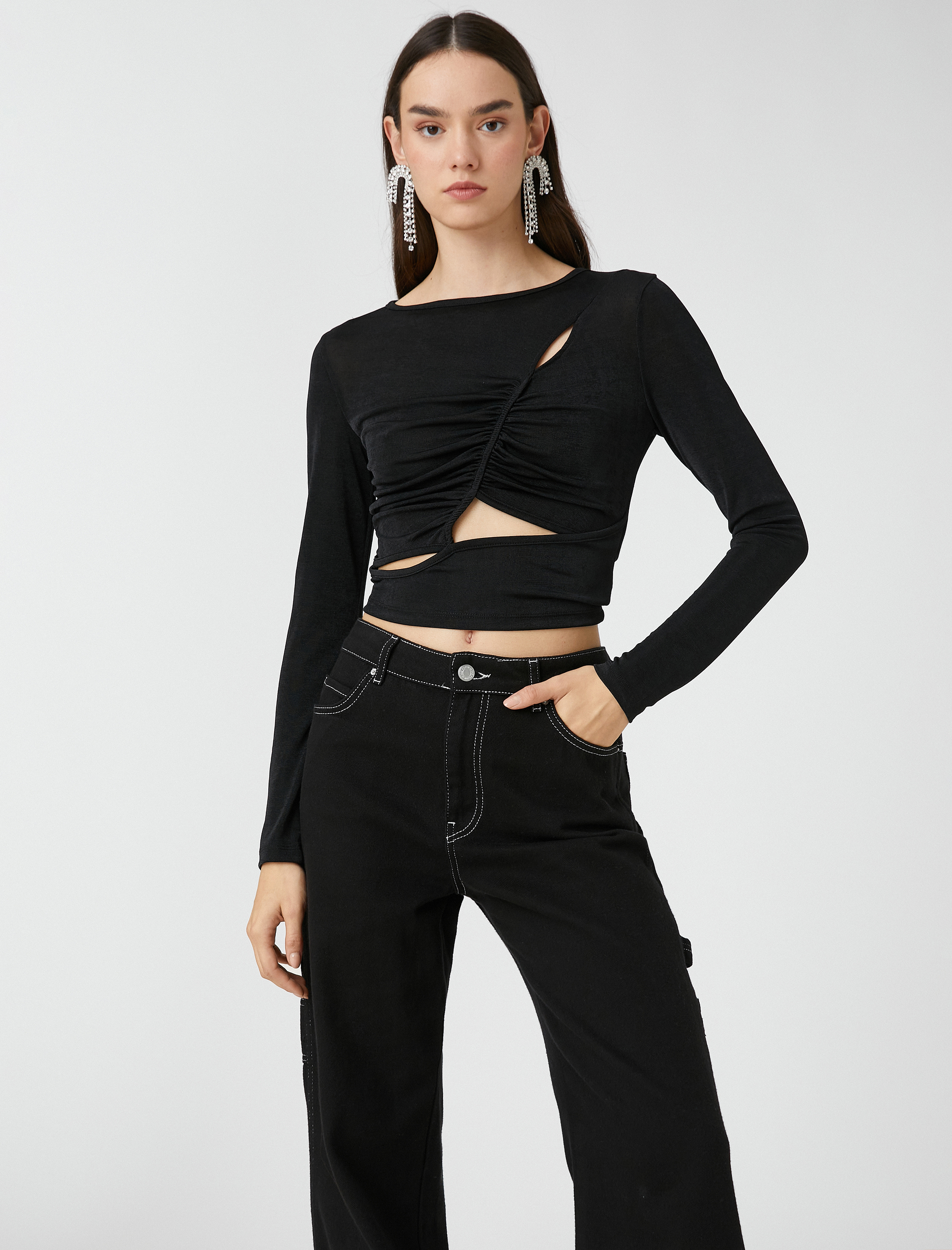   Pencere Detaylı Abiye Bluz Drapeli Uzun Kollu