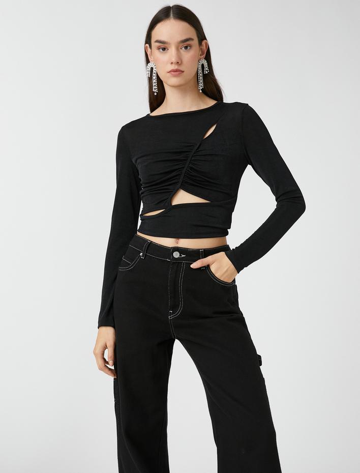  Pencere Detaylı Abiye Bluz Drapeli Uzun Kollu