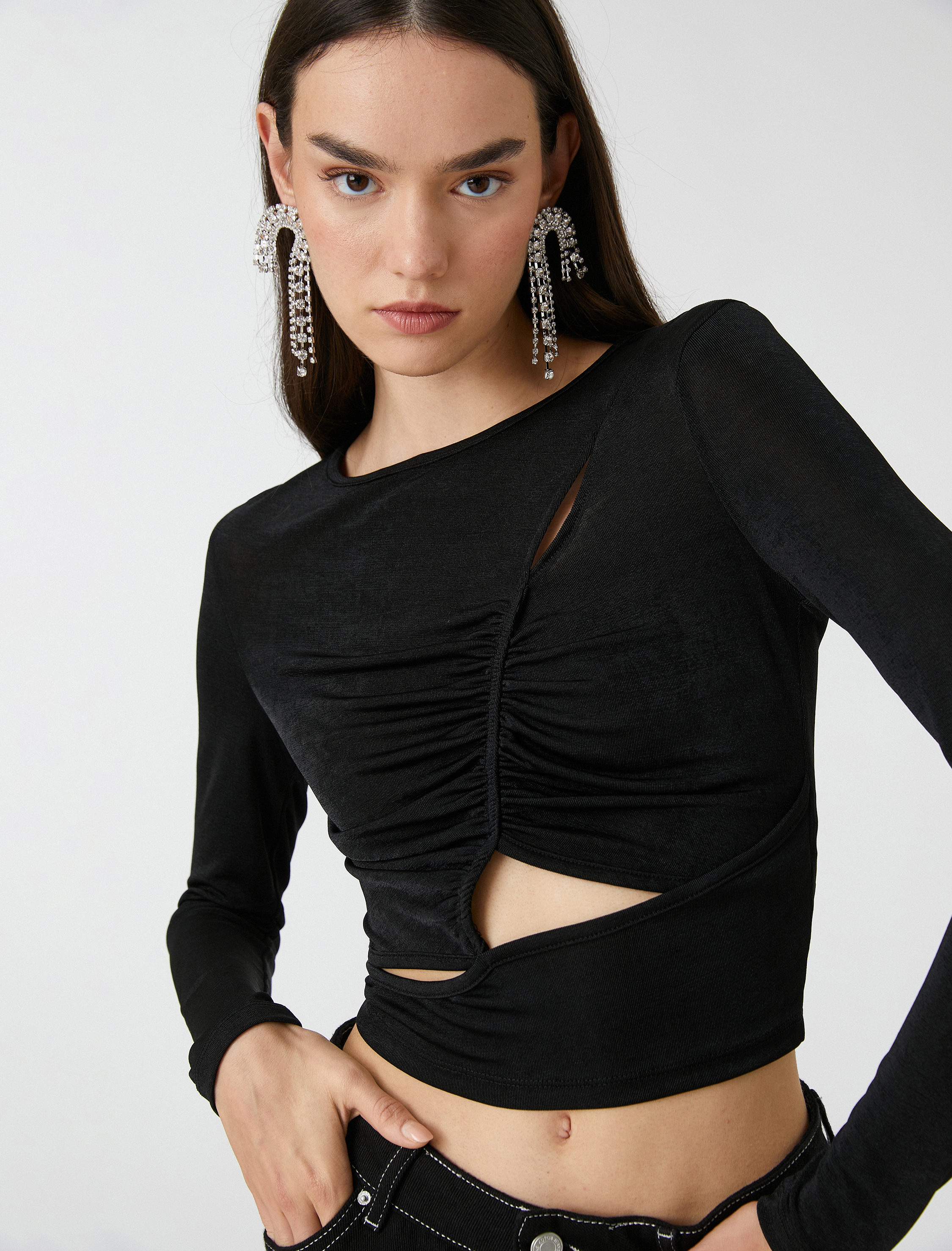   Pencere Detaylı Abiye Bluz Drapeli Uzun Kollu