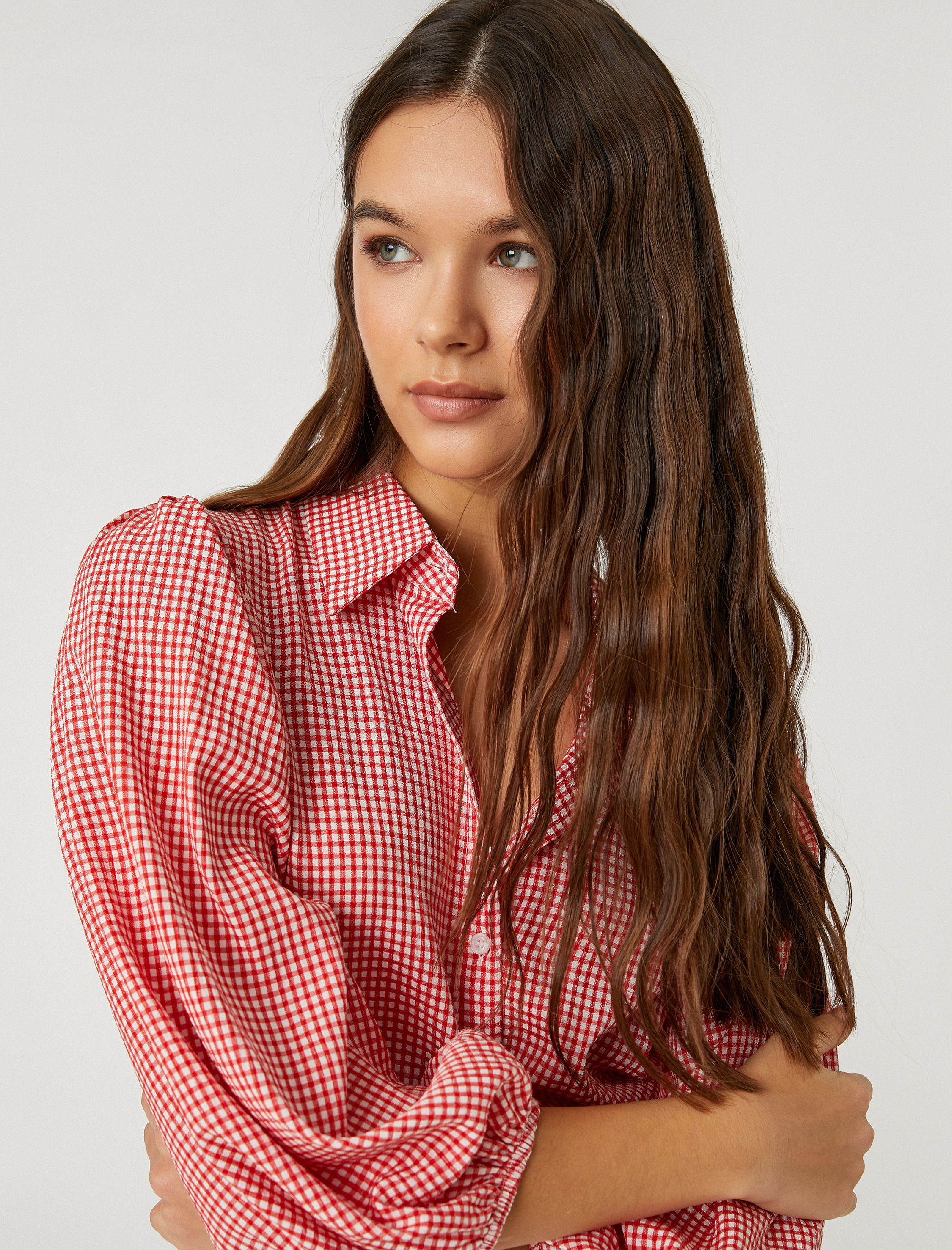   Oversize Gömlek Viskon Balon Kollu Pötikareli Düğmeli