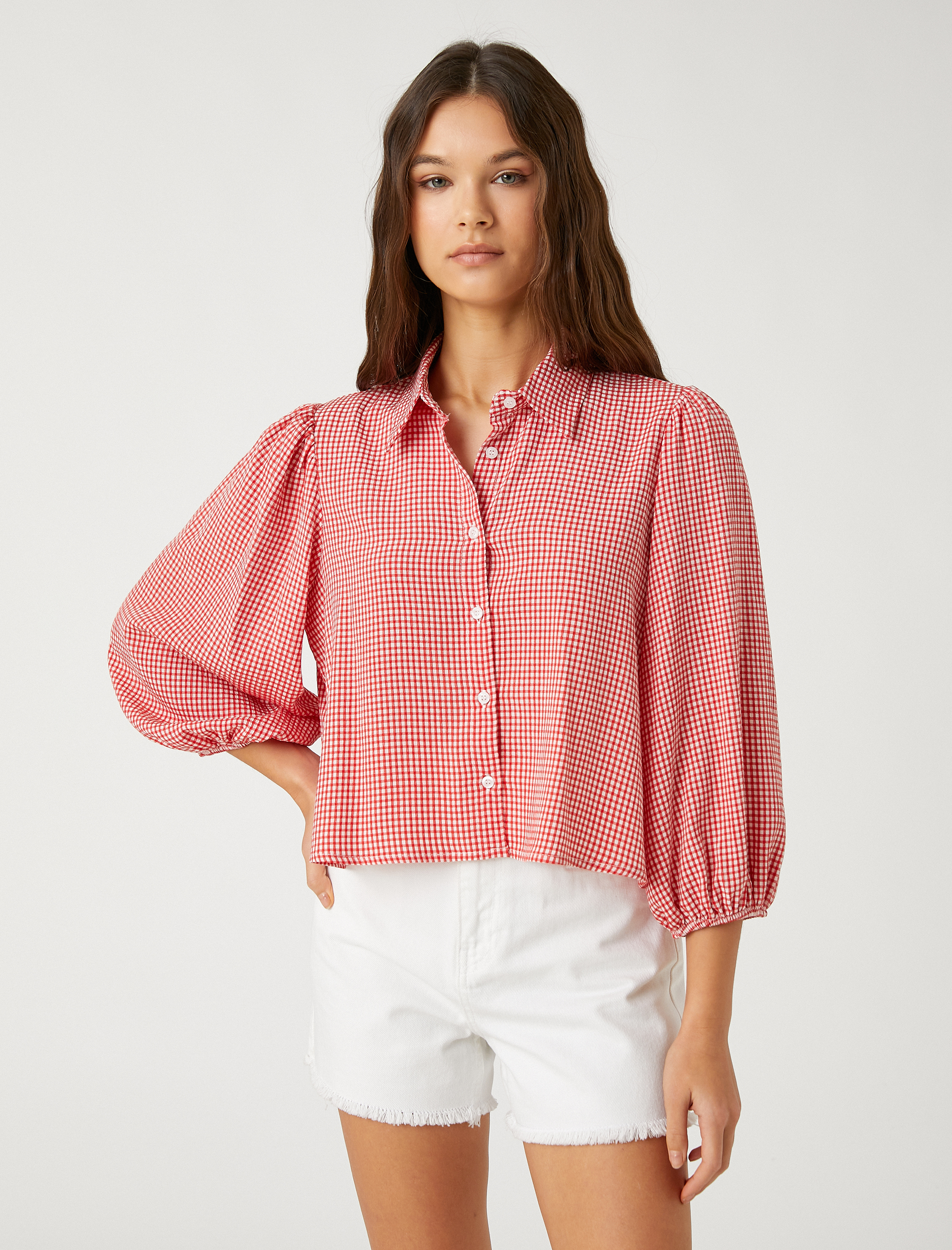   Oversize Gömlek Viskon Balon Kollu Pötikareli Düğmeli