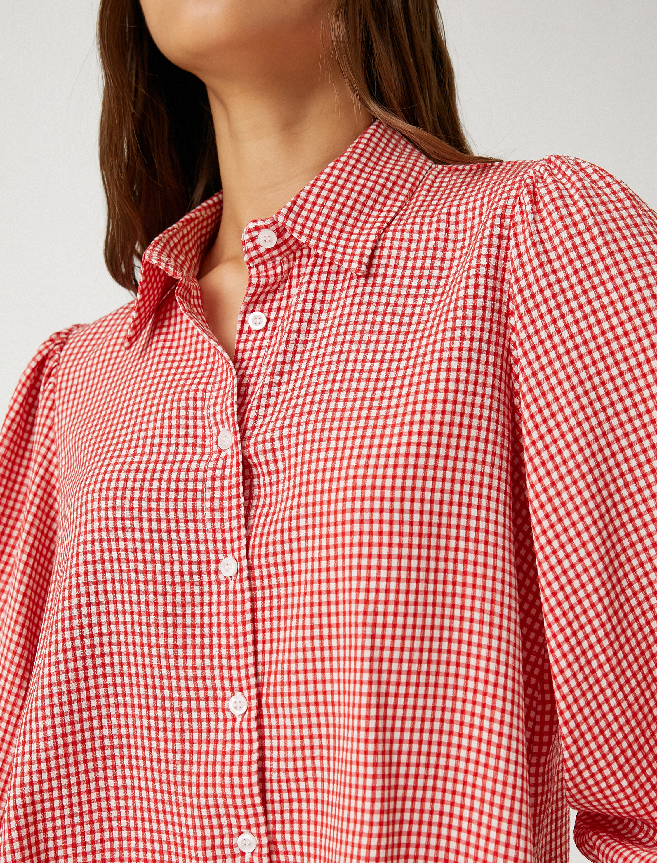   Oversize Gömlek Viskon Balon Kollu Pötikareli Düğmeli