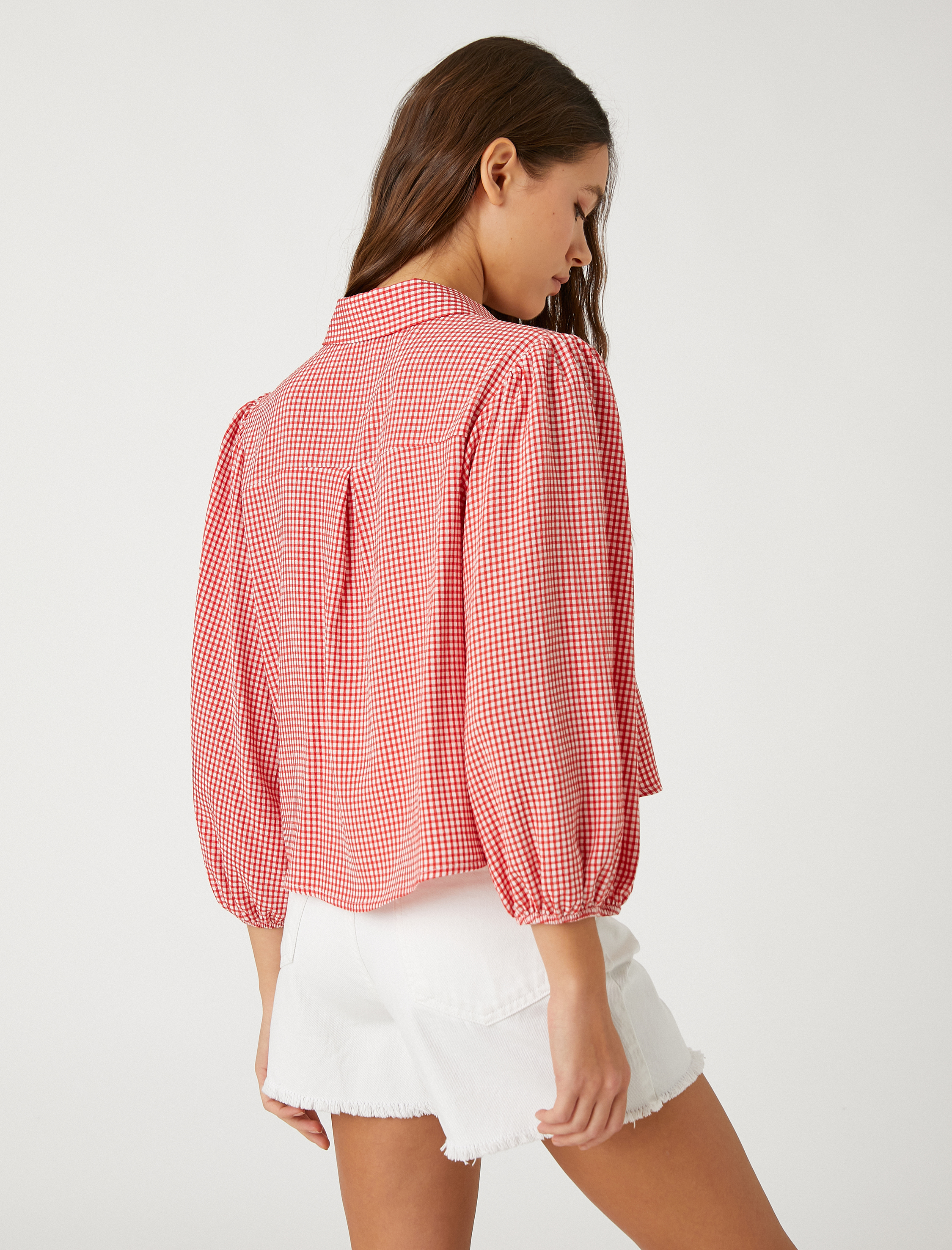   Oversize Gömlek Viskon Balon Kollu Pötikareli Düğmeli