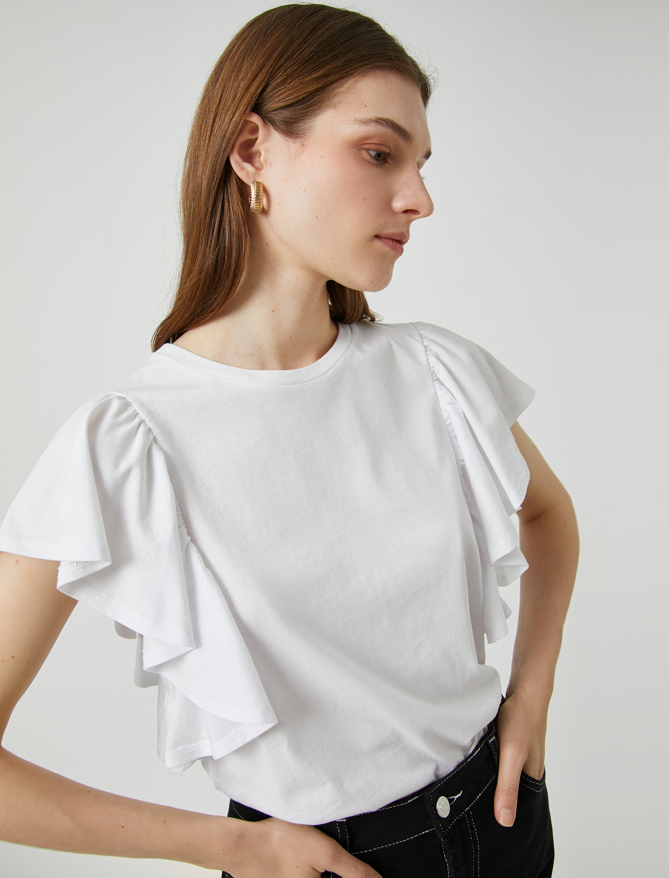   Kolları Volanlı Tişört Bisiklet Yaka