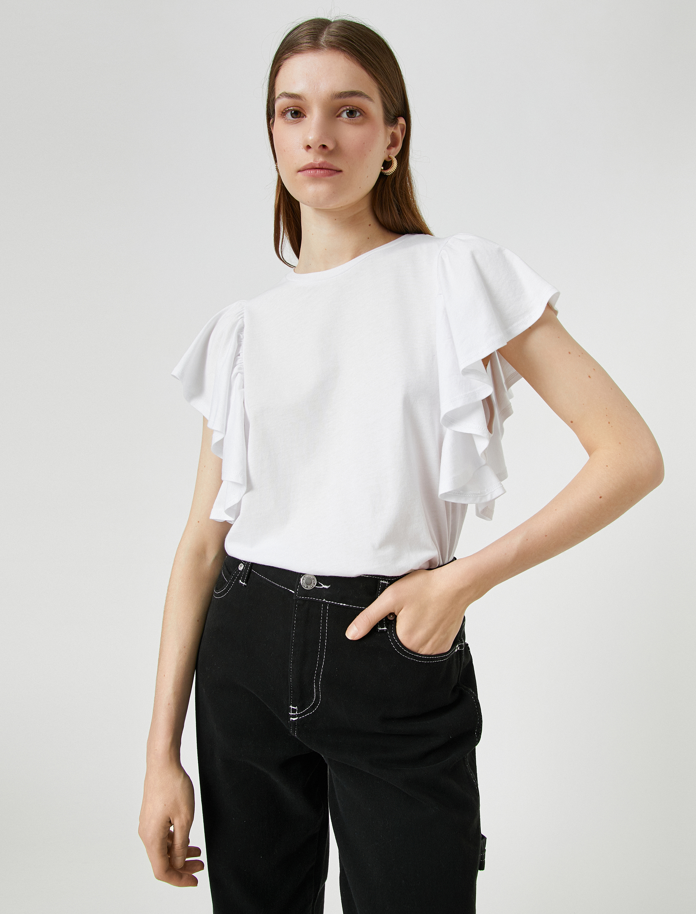   Kolları Volanlı Tişört Bisiklet Yaka