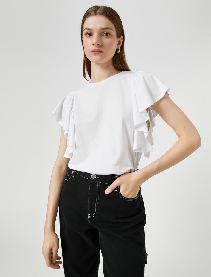  Kolları Volanlı Tişört Bisiklet Yaka