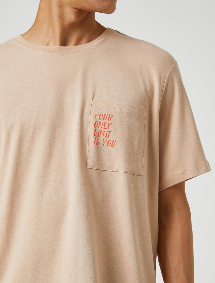   Basic Tişört Slogan Baskılı Cep Detaylı Bisiklet Yaka
