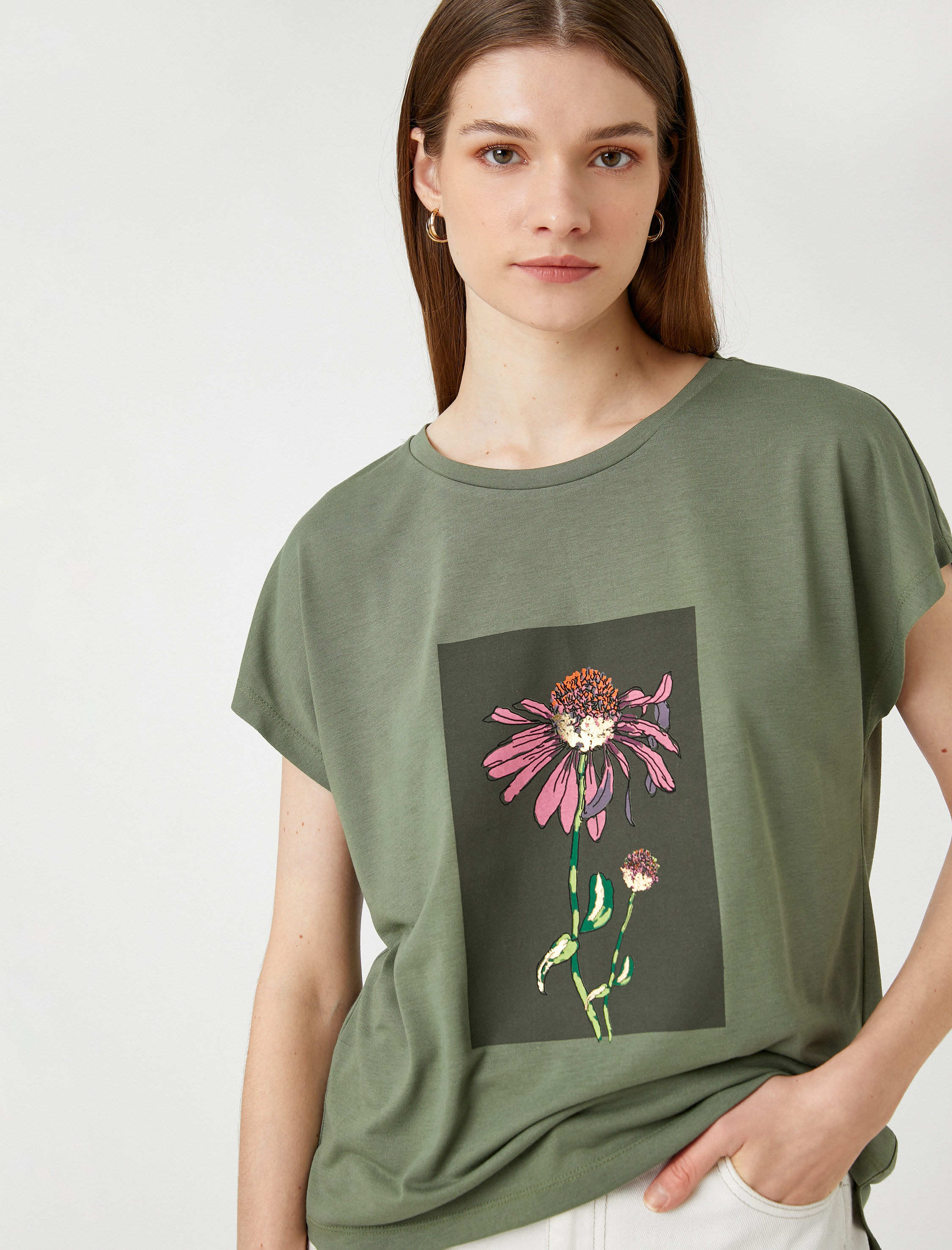   Çiçek Baskılı Tişört Kısa Kollu Bisiklet Yaka