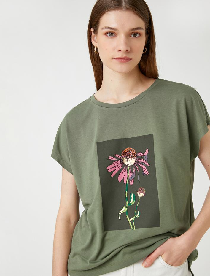  Çiçek Baskılı Tişört Kısa Kollu Bisiklet Yaka