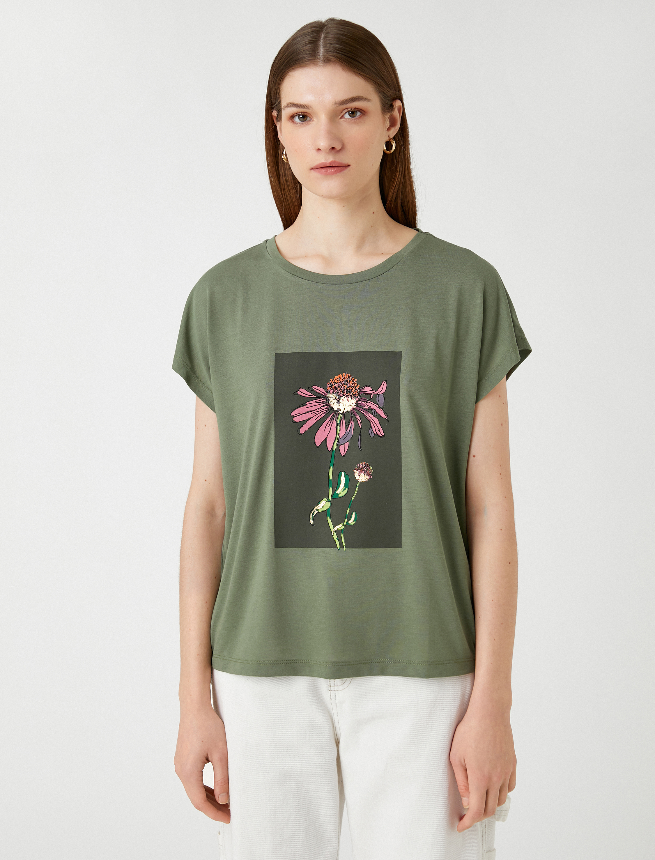   Çiçek Baskılı Tişört Kısa Kollu Bisiklet Yaka