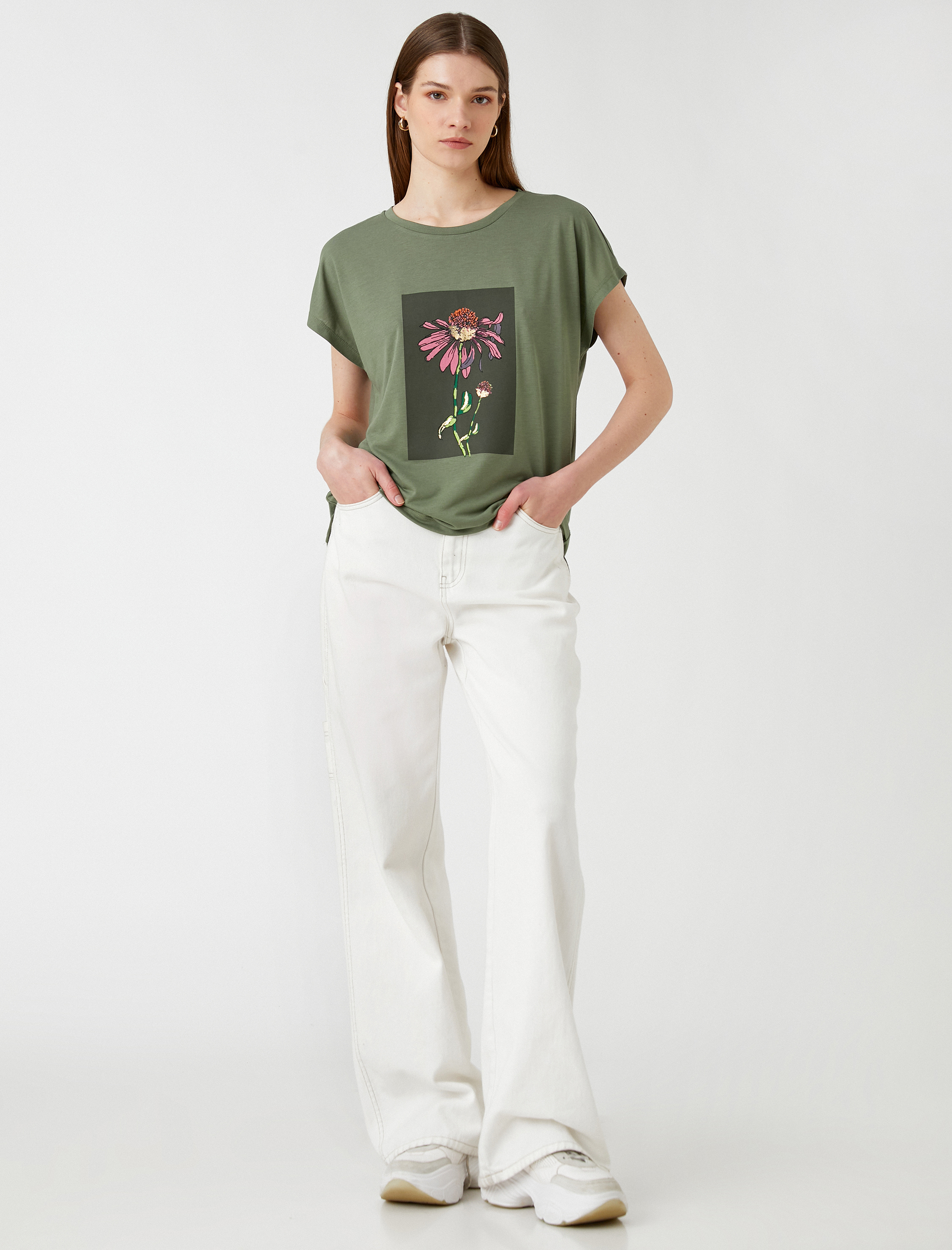   Çiçek Baskılı Tişört Kısa Kollu Bisiklet Yaka