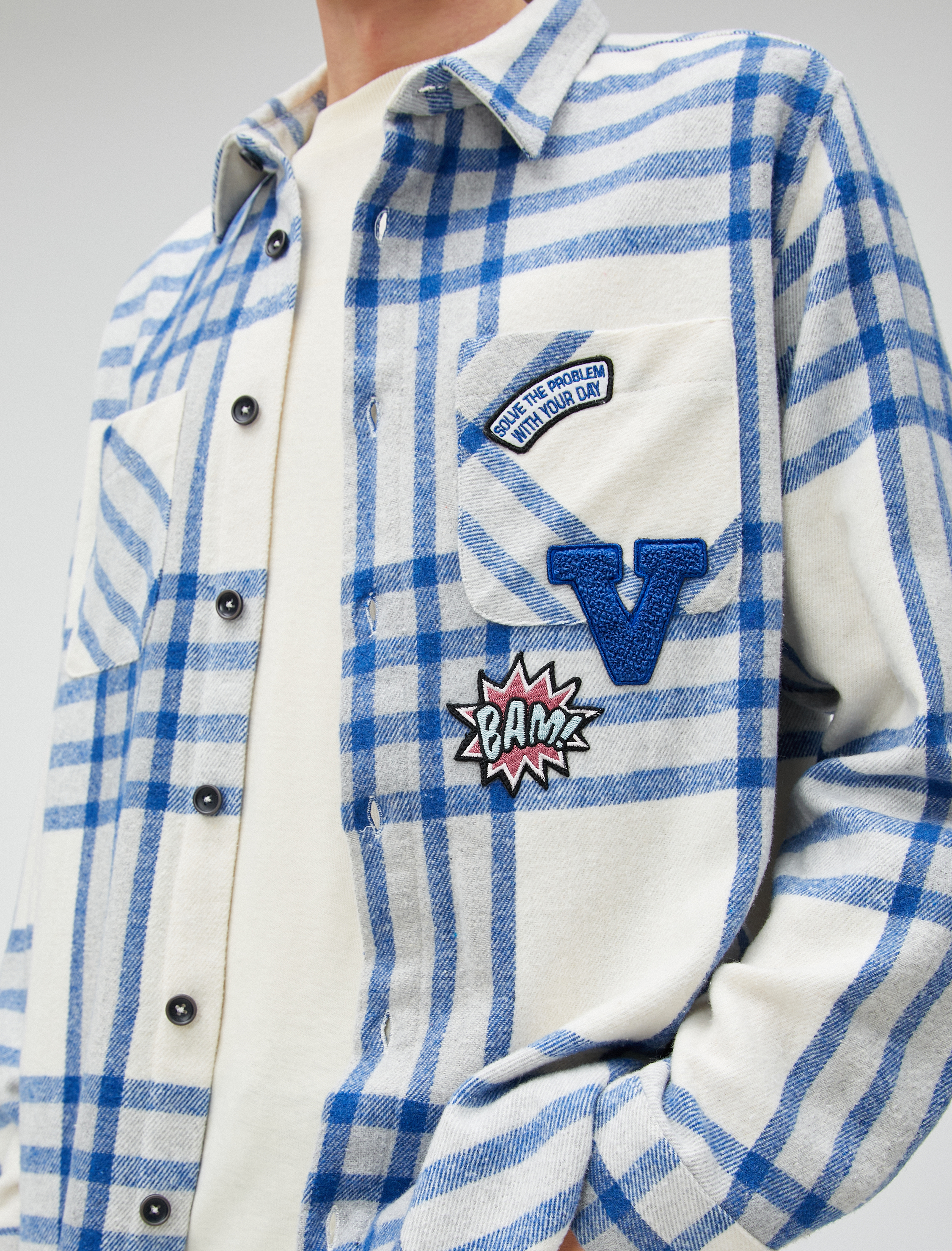   Ekoseli Kolej Gömlek Ceket İşlemeli Cep Detaylı Klasik Yaka