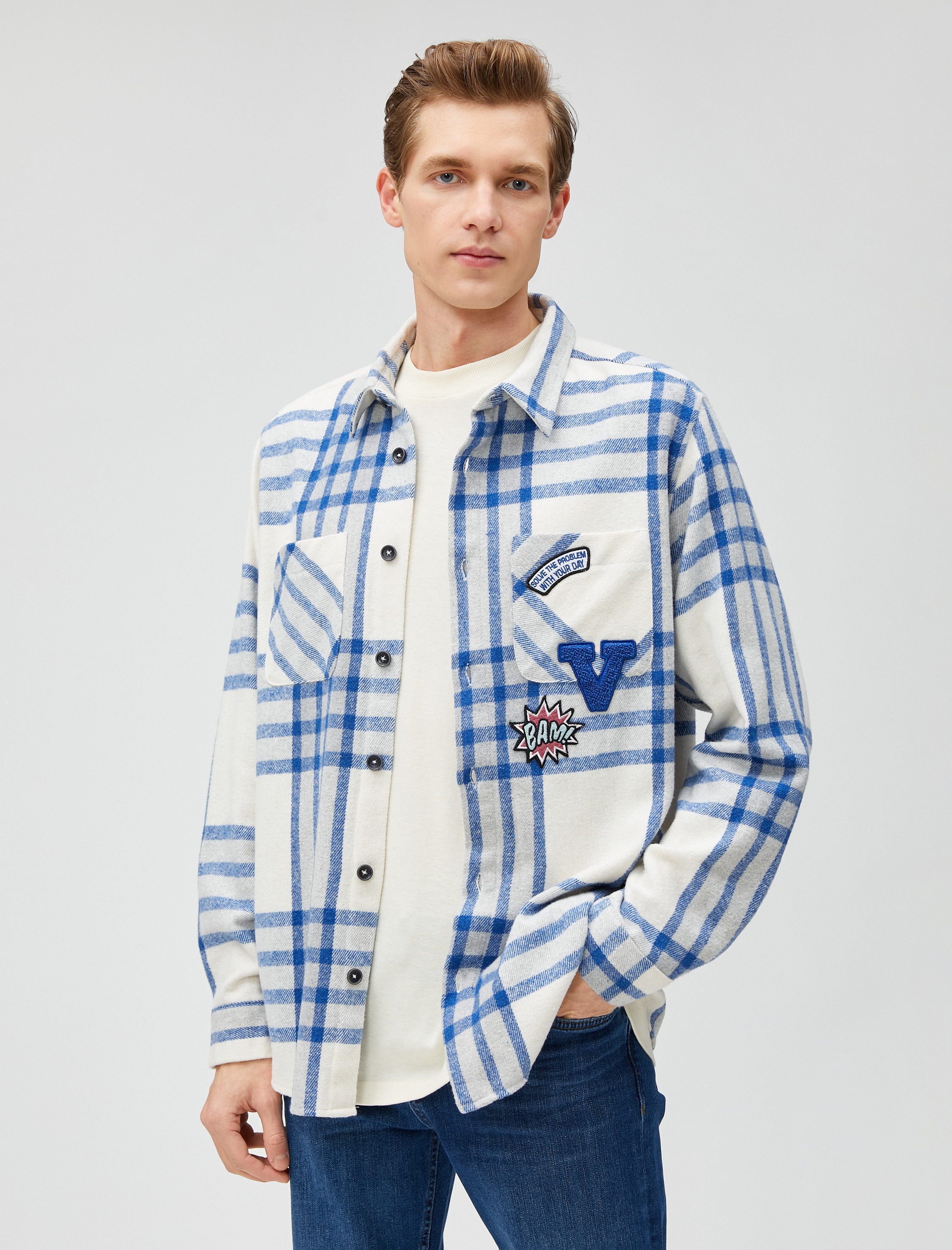   Ekoseli Kolej Gömlek Ceket İşlemeli Cep Detaylı Klasik Yaka