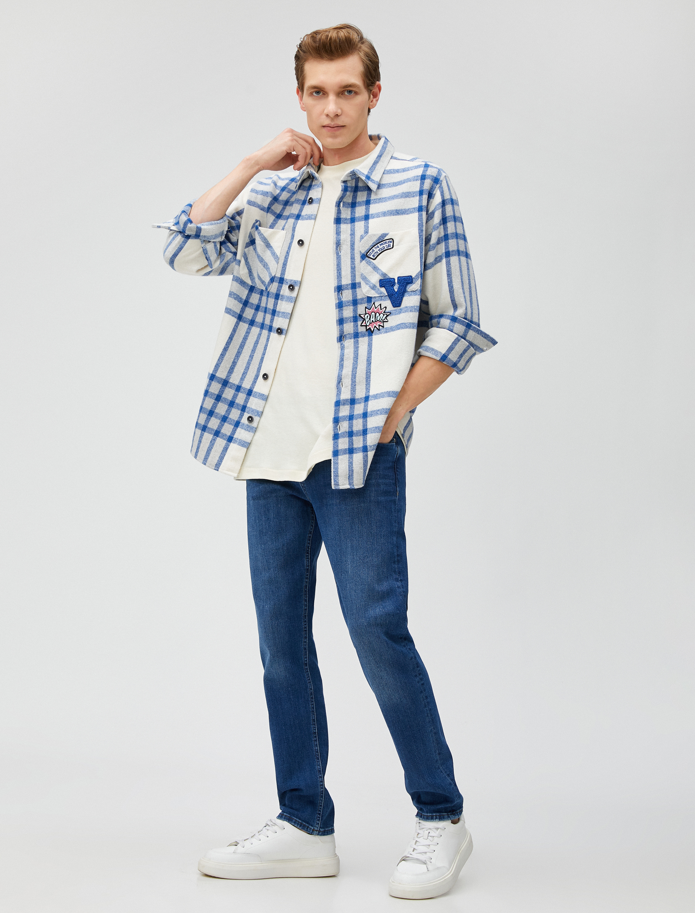   Ekoseli Kolej Gömlek Ceket İşlemeli Cep Detaylı Klasik Yaka