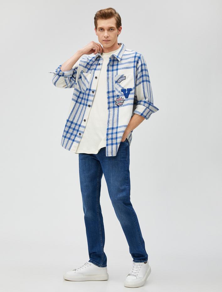  Ekoseli Kolej Gömlek Ceket İşlemeli Cep Detaylı Klasik Yaka