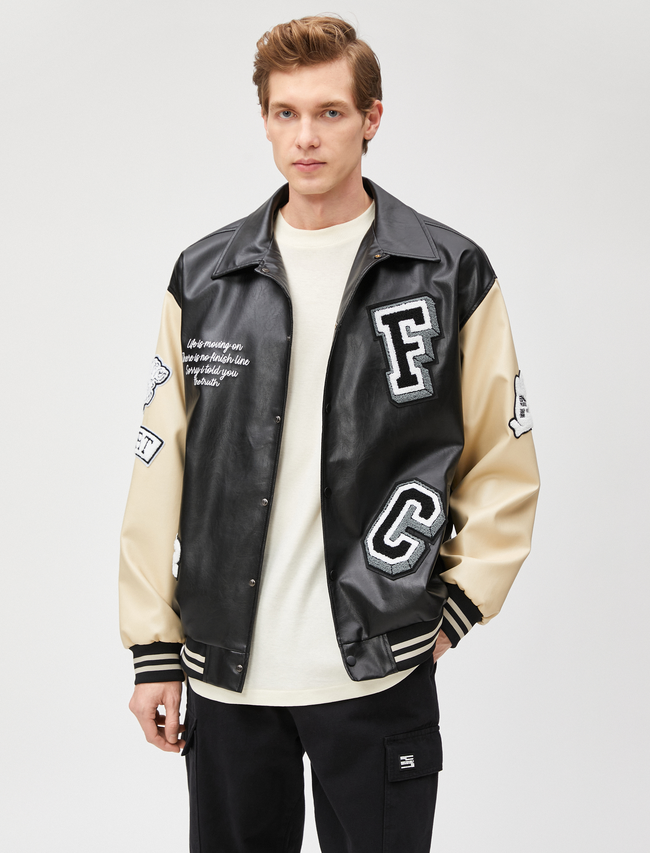 Kolej Ceket Deri Görünümlü İşleme Detaylı Klasik Yaka Çıtçıt Düğmeli