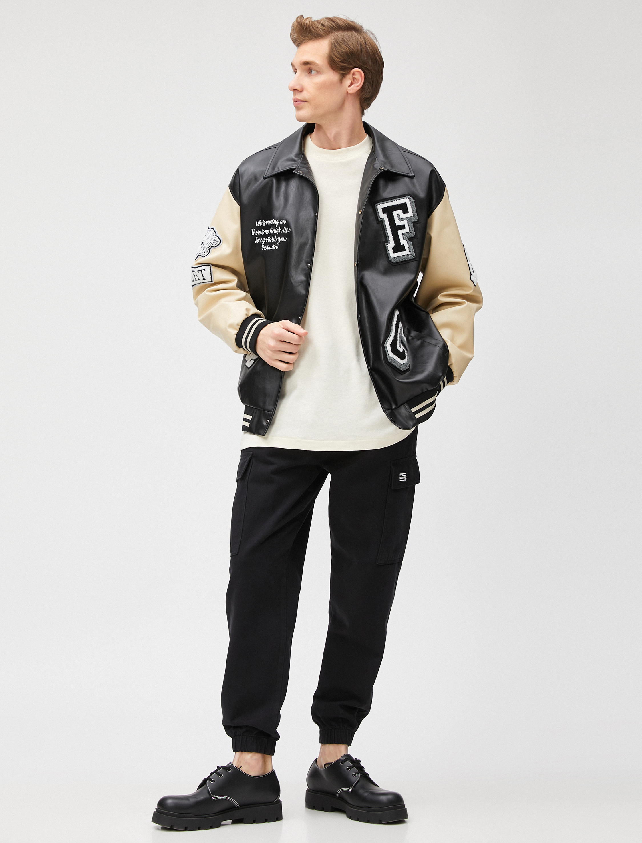 Kolej Ceket Deri Görünümlü İşleme Detaylı Klasik Yaka Çıtçıt Düğmeli