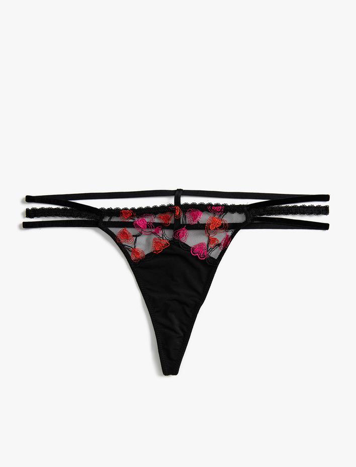  Tül String Külot Kalp İşlemeli Biye Detaylı