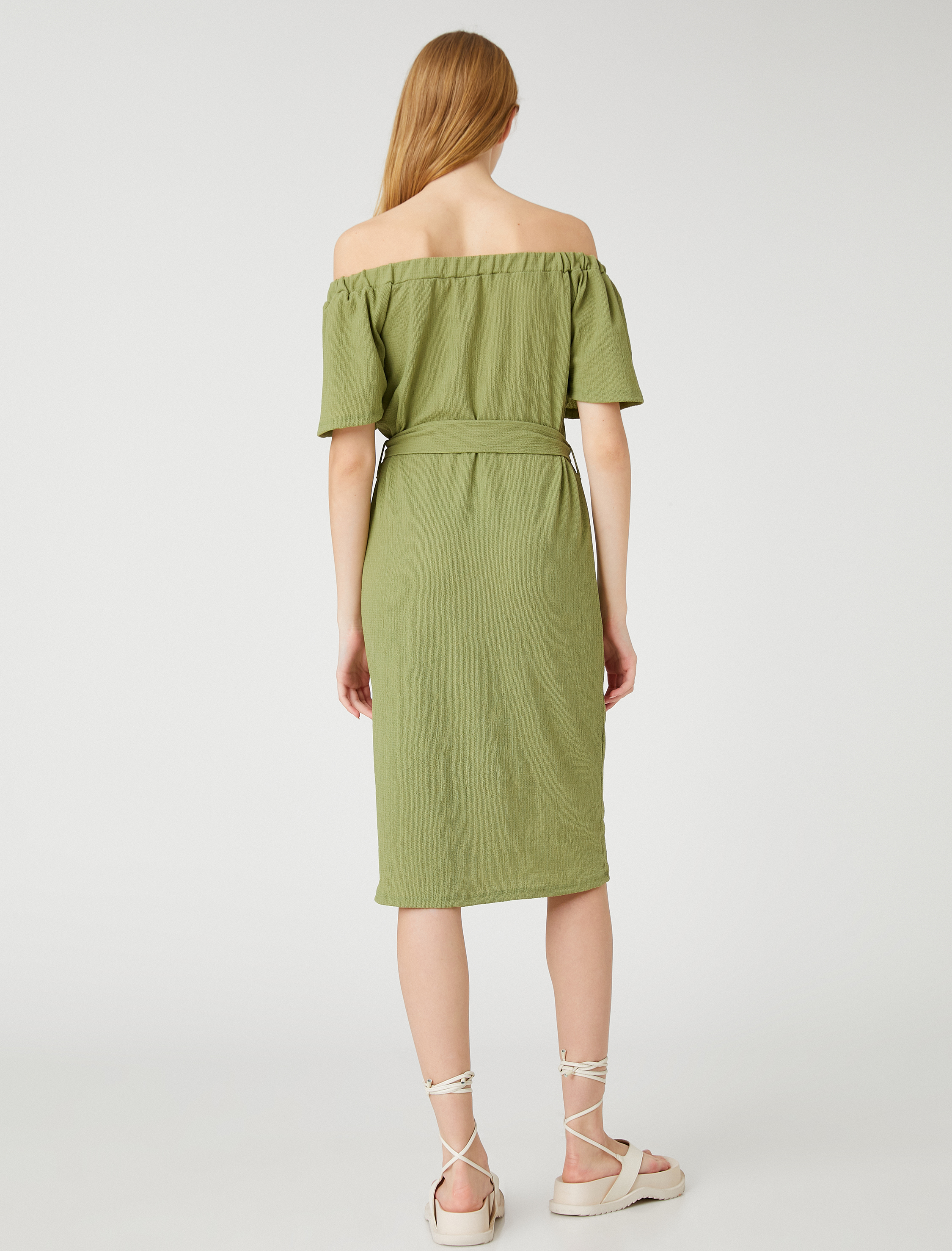   Midi Elbise Omzu Açık Beli Kuşaklı Dokulu