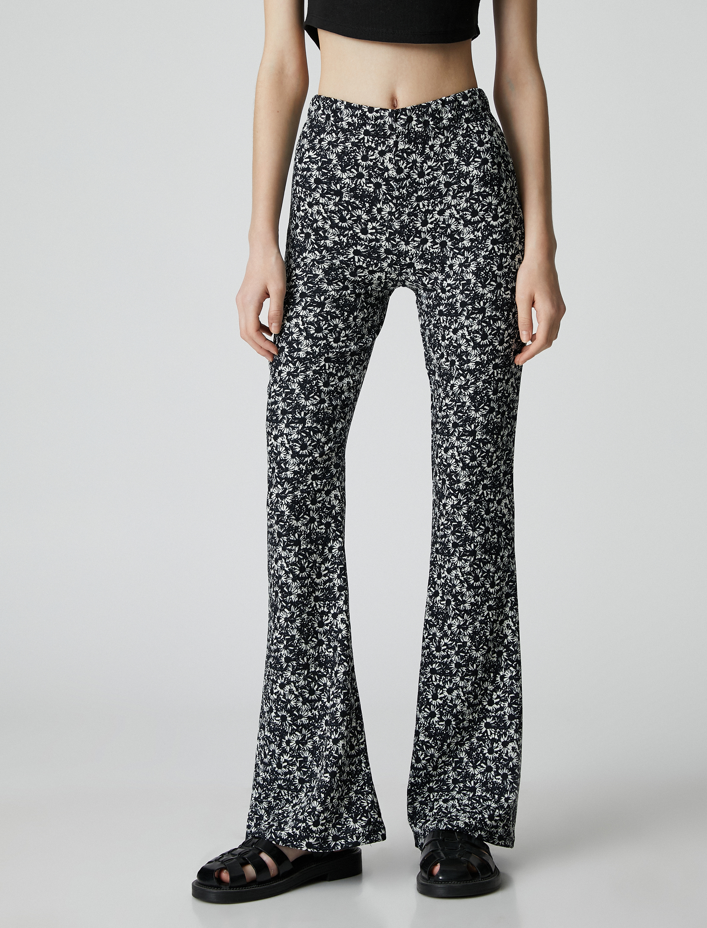   İspanyol Paça Pantolon Çiçekli Yüksek Bel Dar Kesim Bürümcük