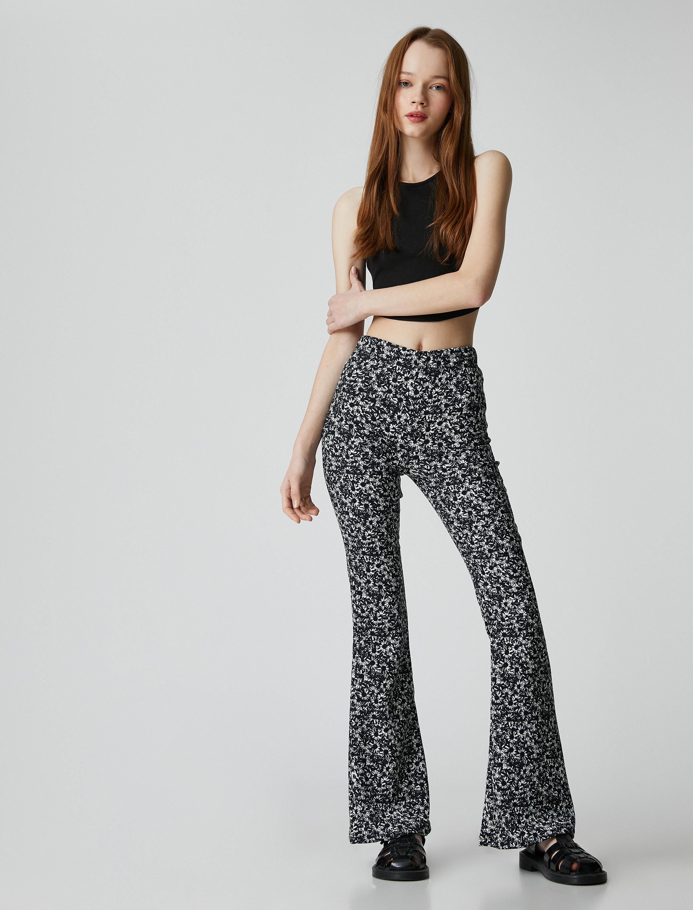   İspanyol Paça Pantolon Çiçekli Yüksek Bel Dar Kesim Bürümcük