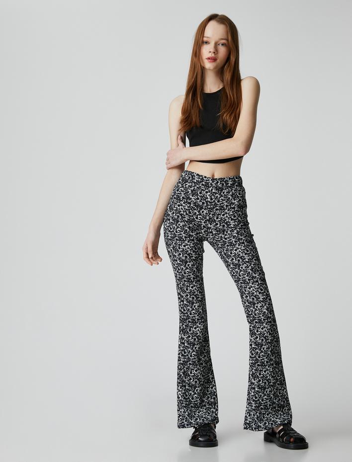  İspanyol Paça Pantolon Çiçekli Yüksek Bel Dar Kesim Bürümcük