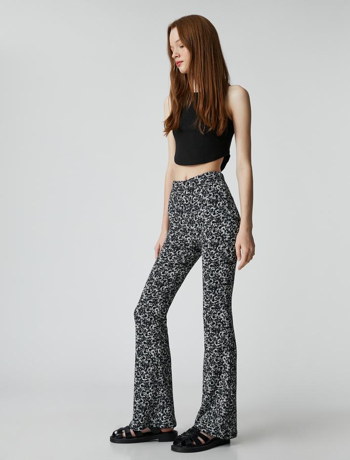  İspanyol Paça Pantolon Çiçekli Yüksek Bel Dar Kesim Bürümcük