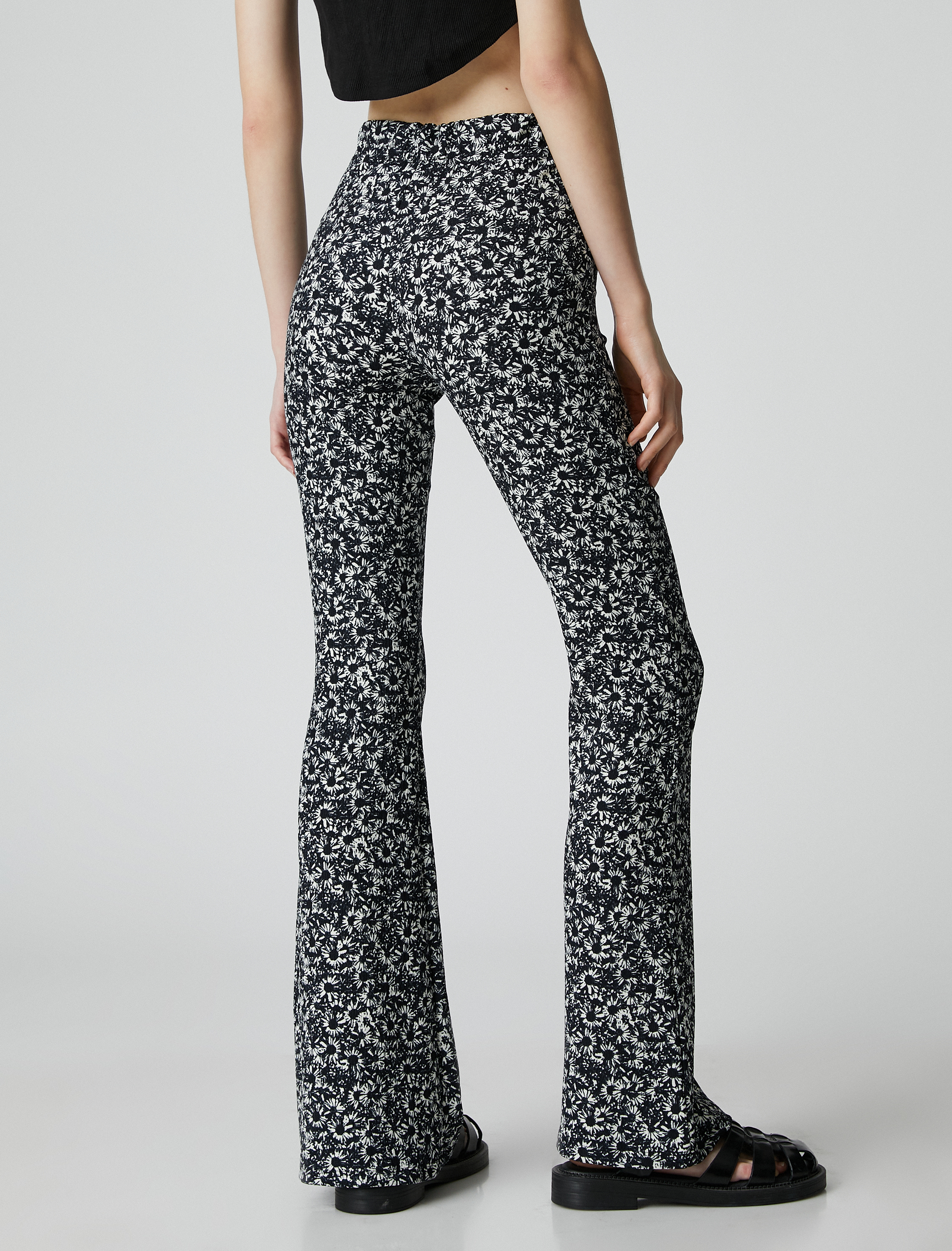   İspanyol Paça Pantolon Çiçekli Yüksek Bel Dar Kesim Bürümcük