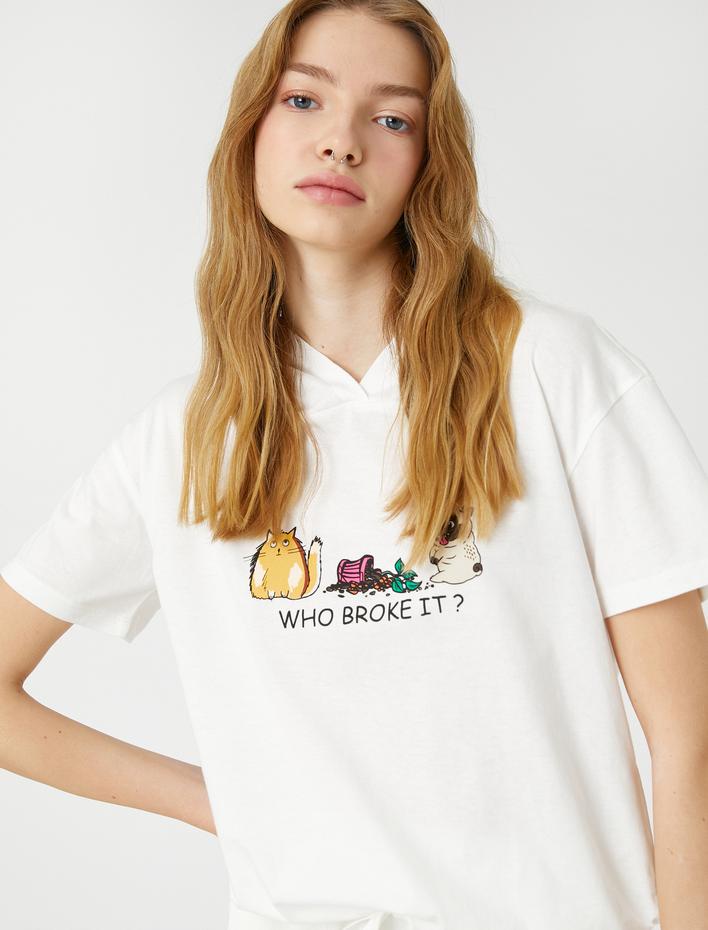  Pamuklu Tişört Kısa Kollu Kapüşonlu Baskılı