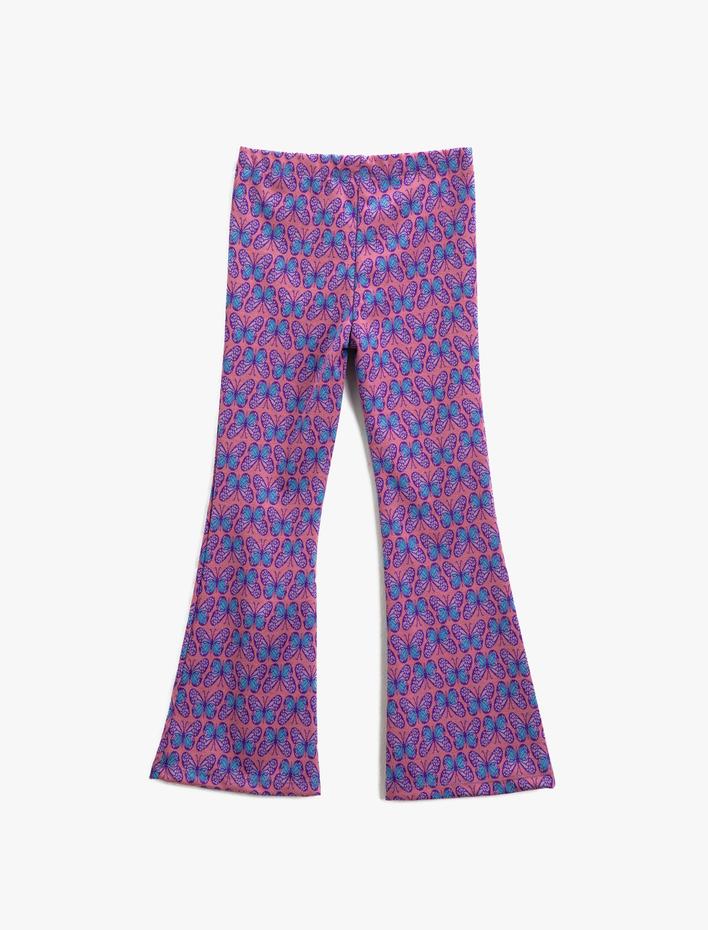 Kız Çocuk Kelebek Desenli İspanyol Paça Tayt Pantolon Beli Lastikli