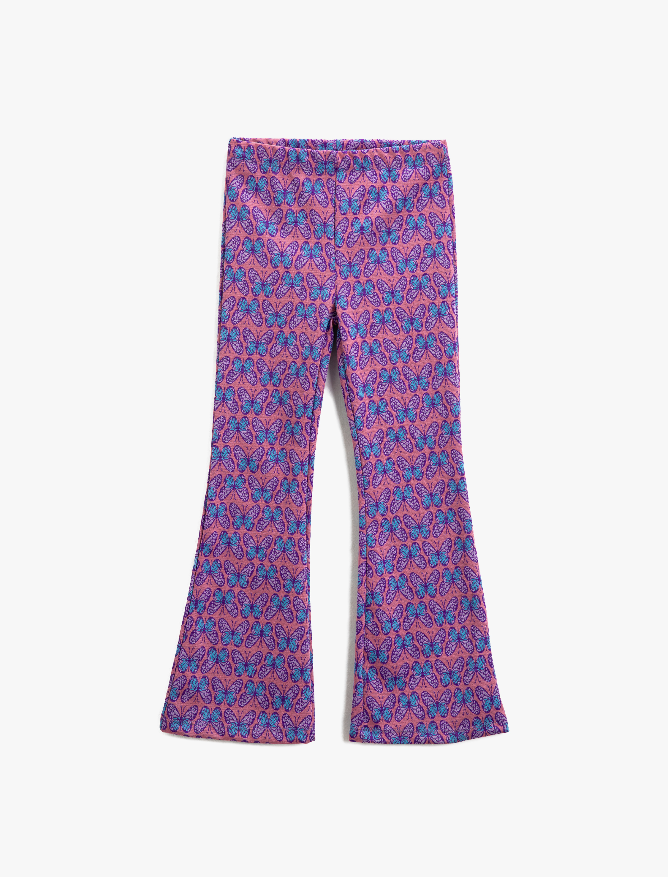  Kız Çocuk Kelebek Desenli İspanyol Paça Tayt Pantolon Beli Lastikli