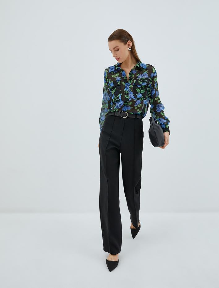  Çiçekli Şifon Gömlek Cepli