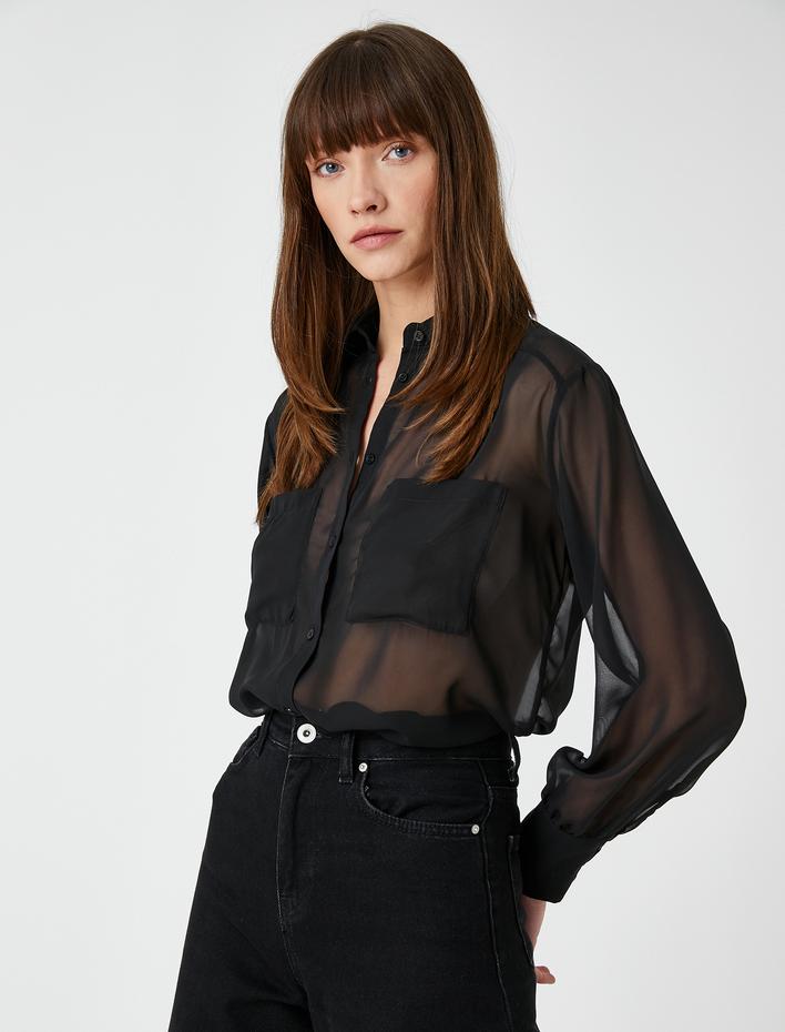  Transparan Gömlek Uzun Kollu Çift Cepli