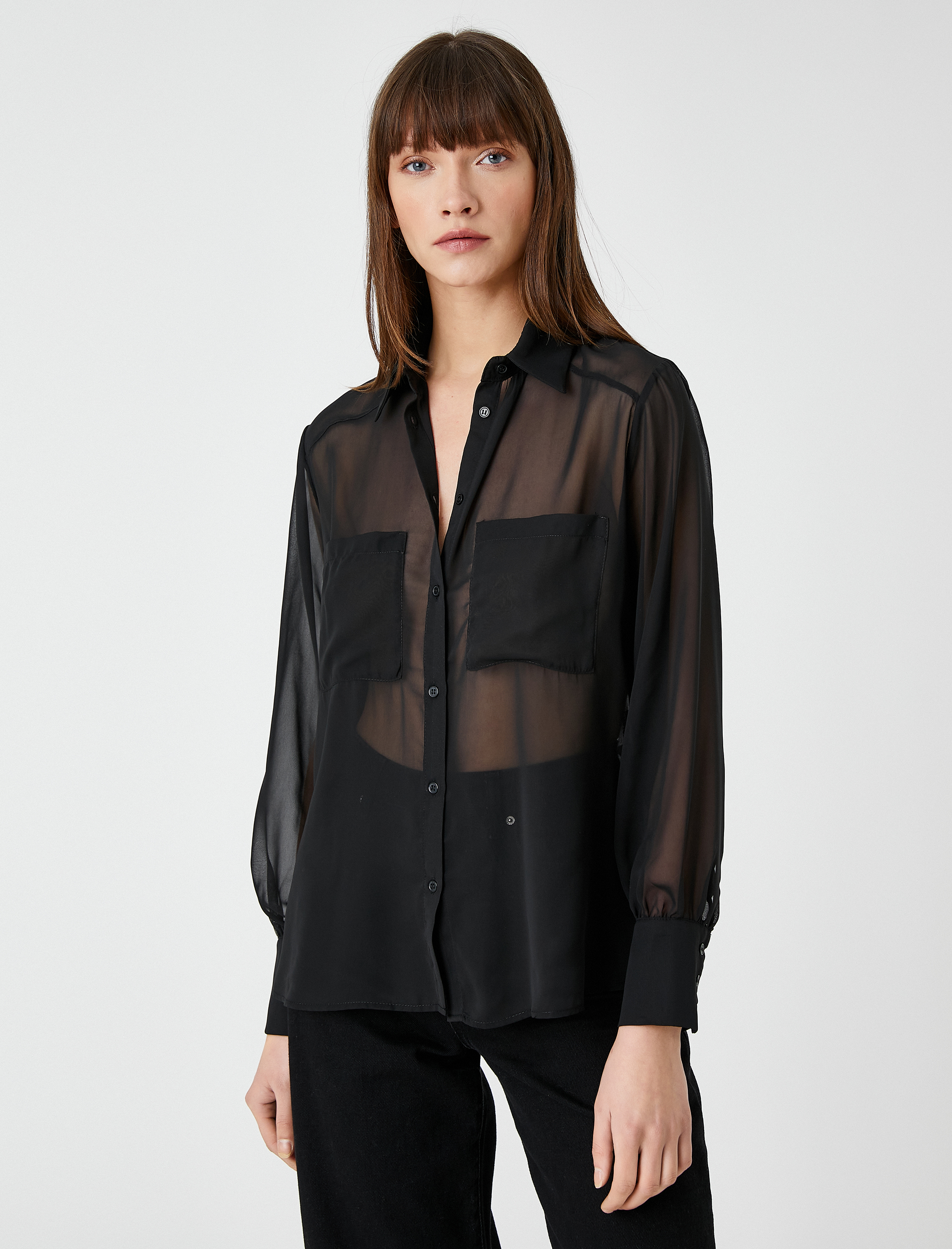   Transparan Gömlek Uzun Kollu Çift Cepli