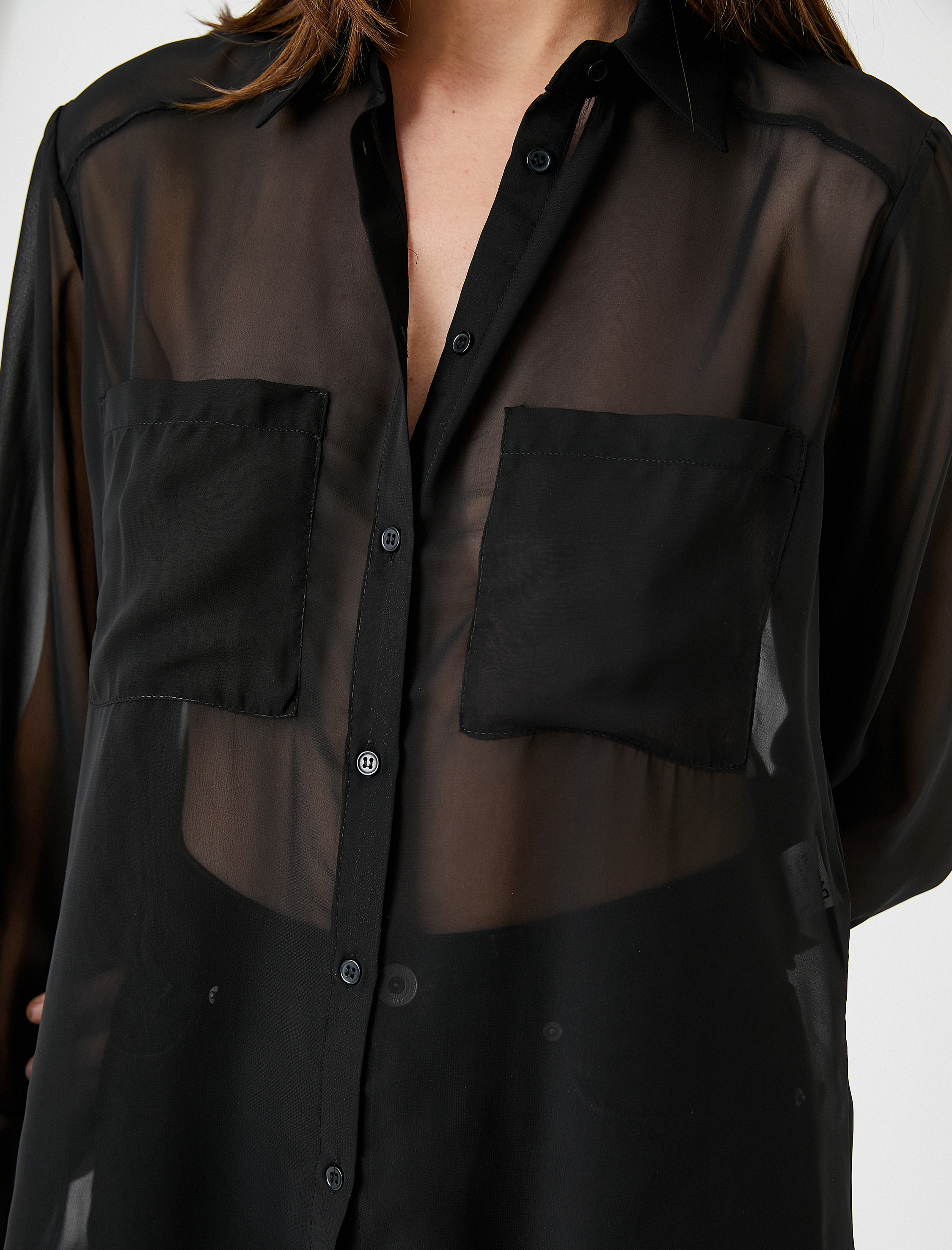   Transparan Gömlek Uzun Kollu Çift Cepli