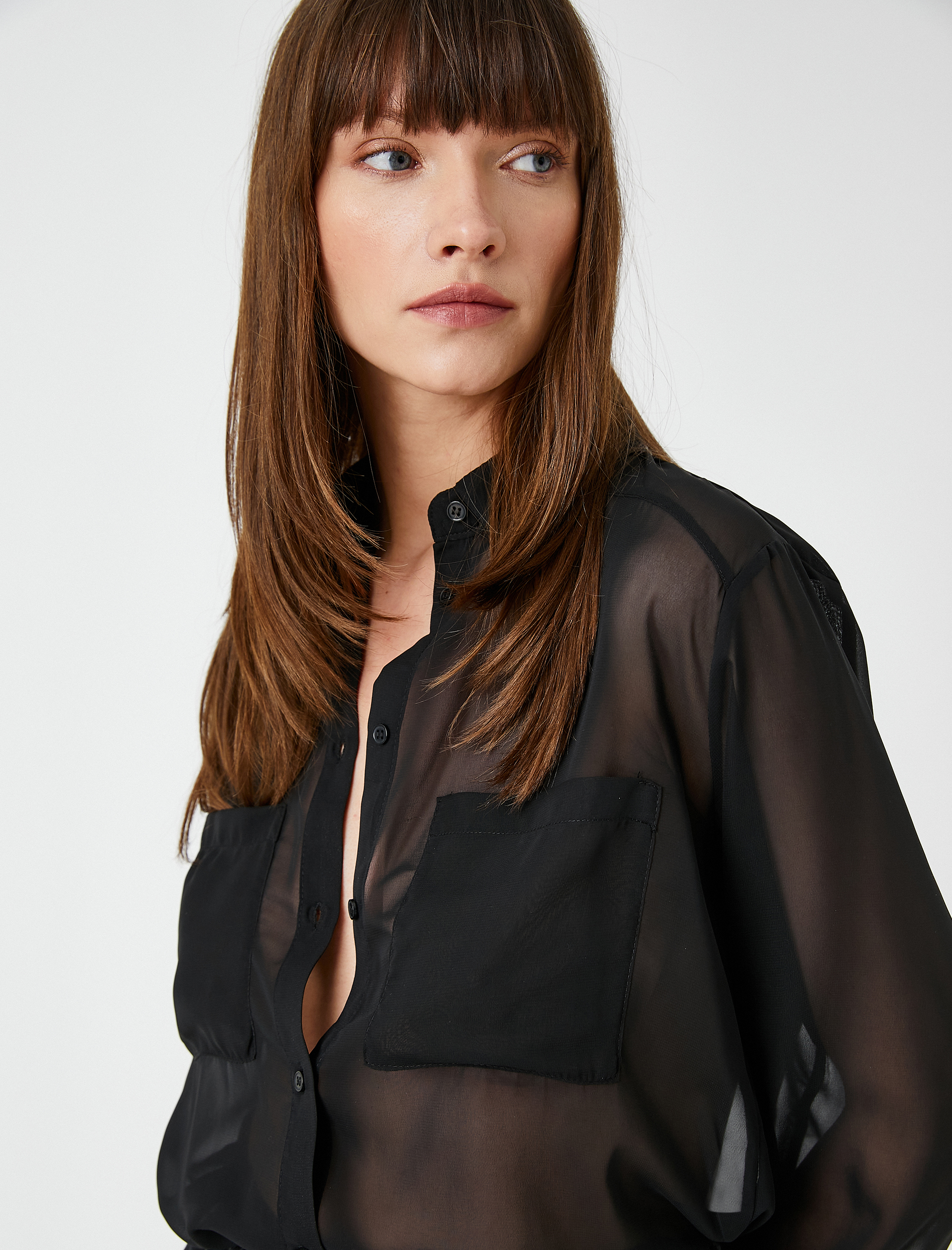   Transparan Gömlek Uzun Kollu Çift Cepli