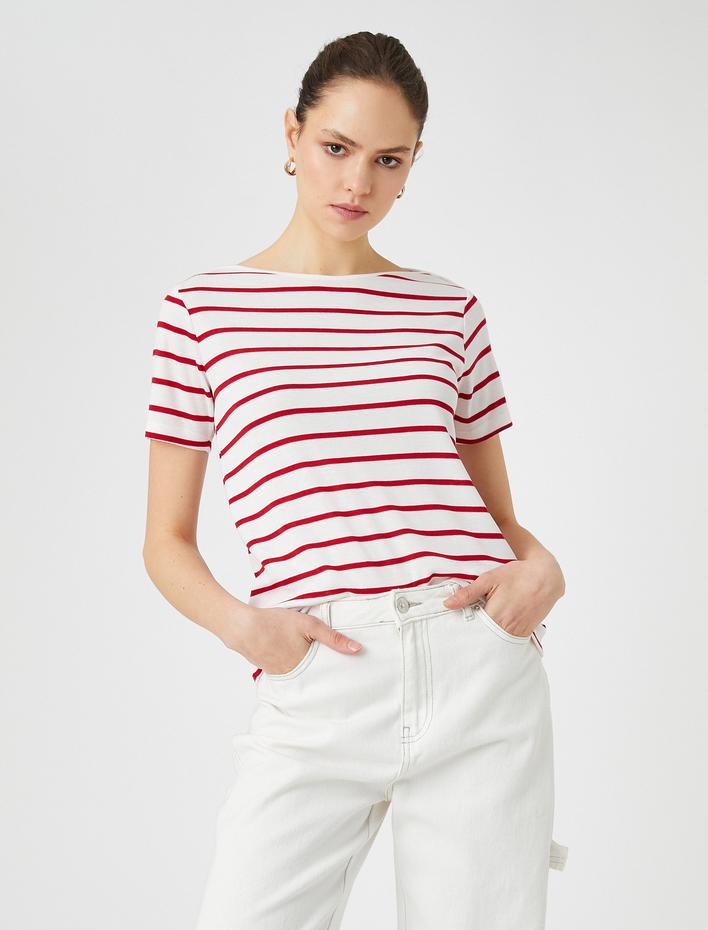  Kayık Yaka Tişört Kısa Kollu