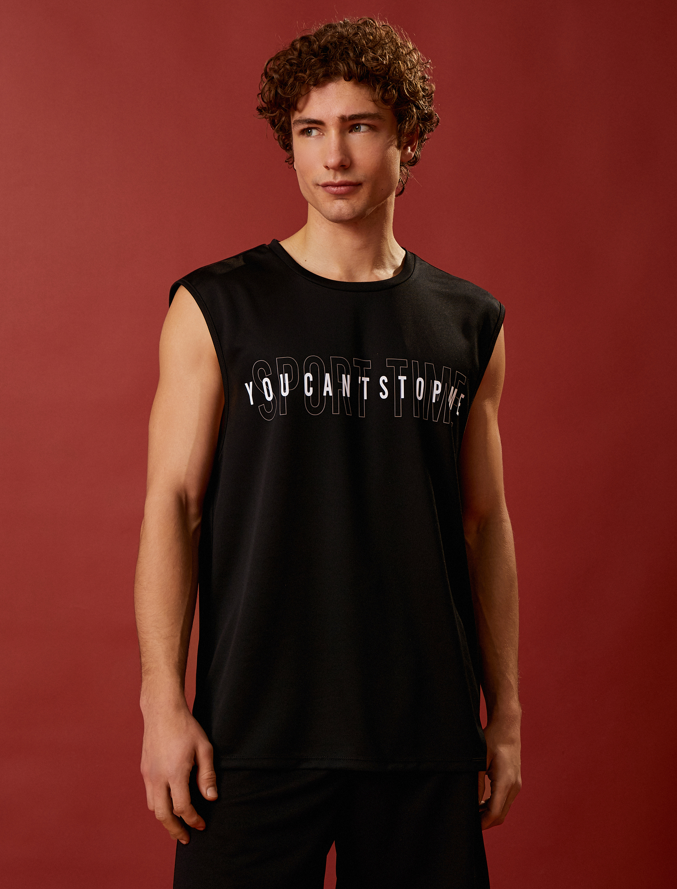 Kolsuz Sporcu Atleti Slogan Baskılı Bisiklet Yaka Nefes Alan Kumaş