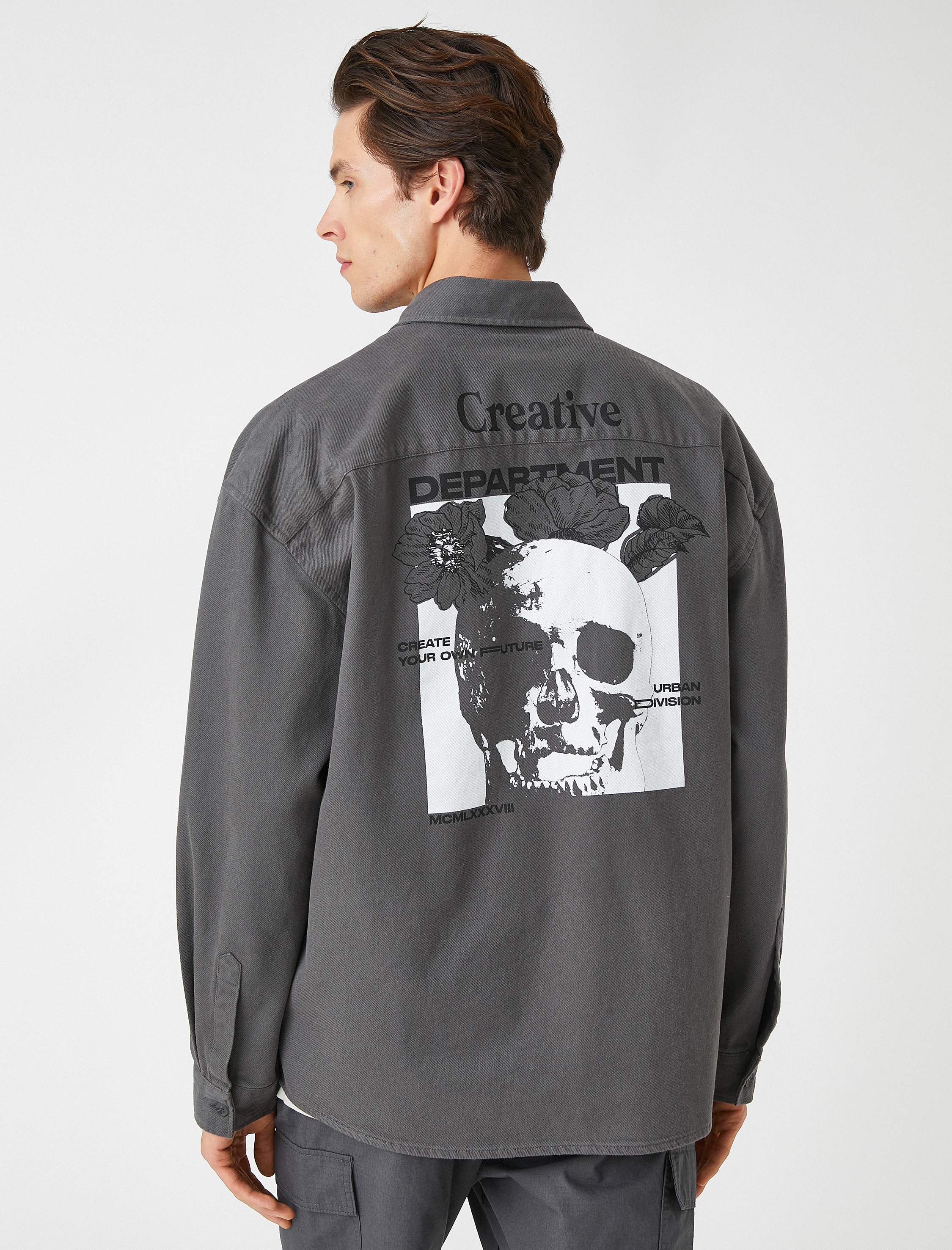   Oversize Kanvas Gömlek Slogan Baskılı Pamuklu Klasik Yaka Cep Detaylı