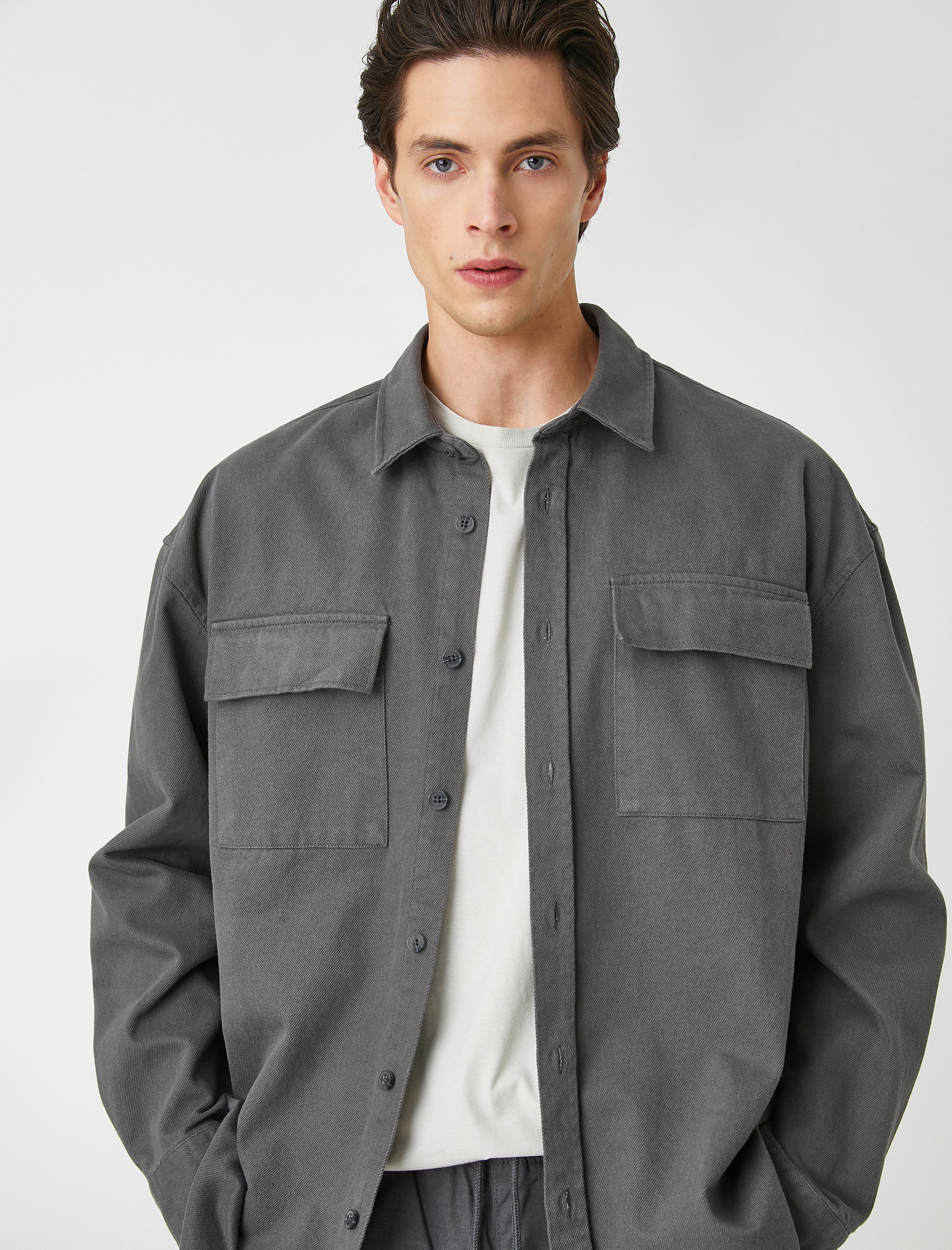   Oversize Kanvas Gömlek Slogan Baskılı Pamuklu Klasik Yaka Cep Detaylı