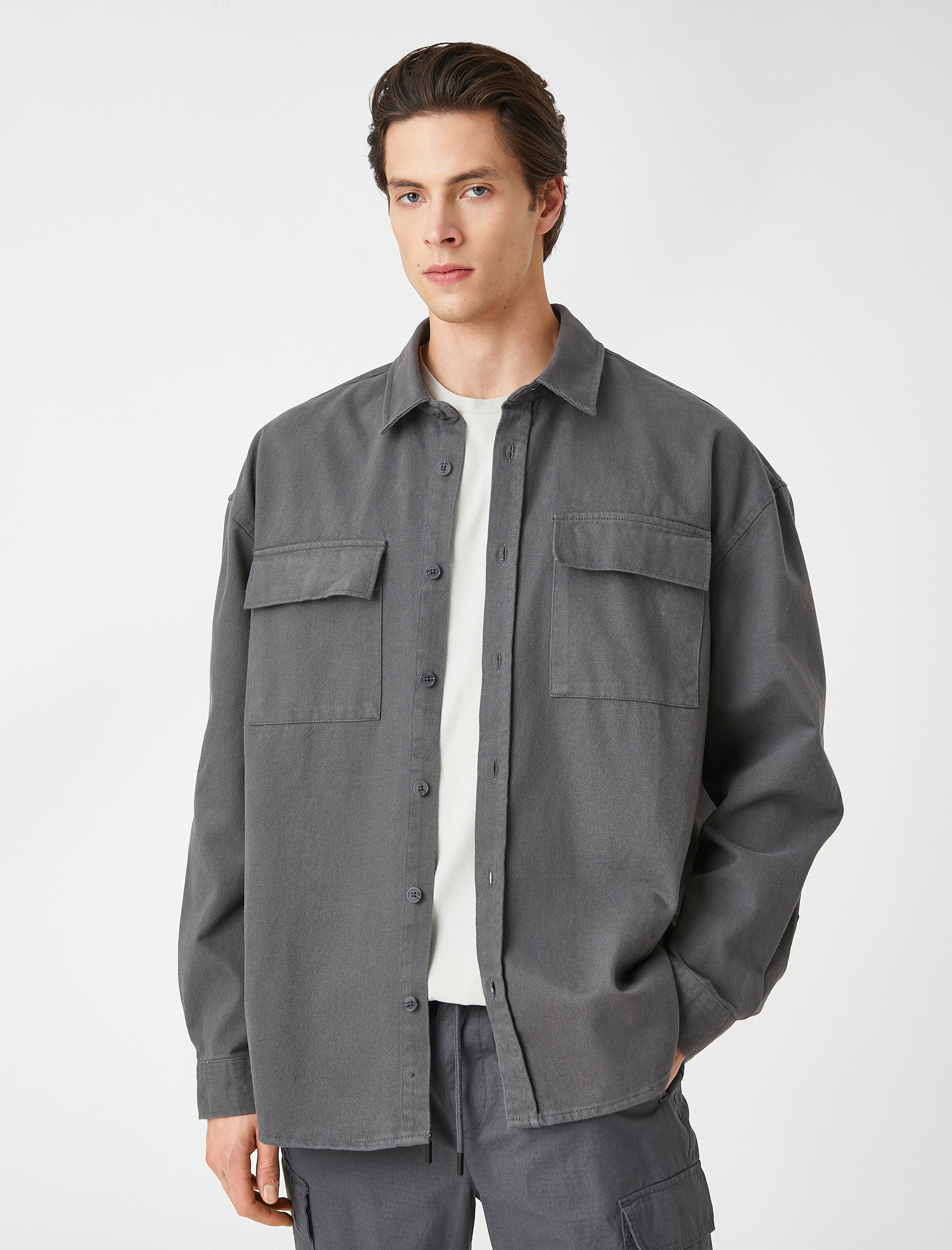   Oversize Kanvas Gömlek Slogan Baskılı Pamuklu Klasik Yaka Cep Detaylı