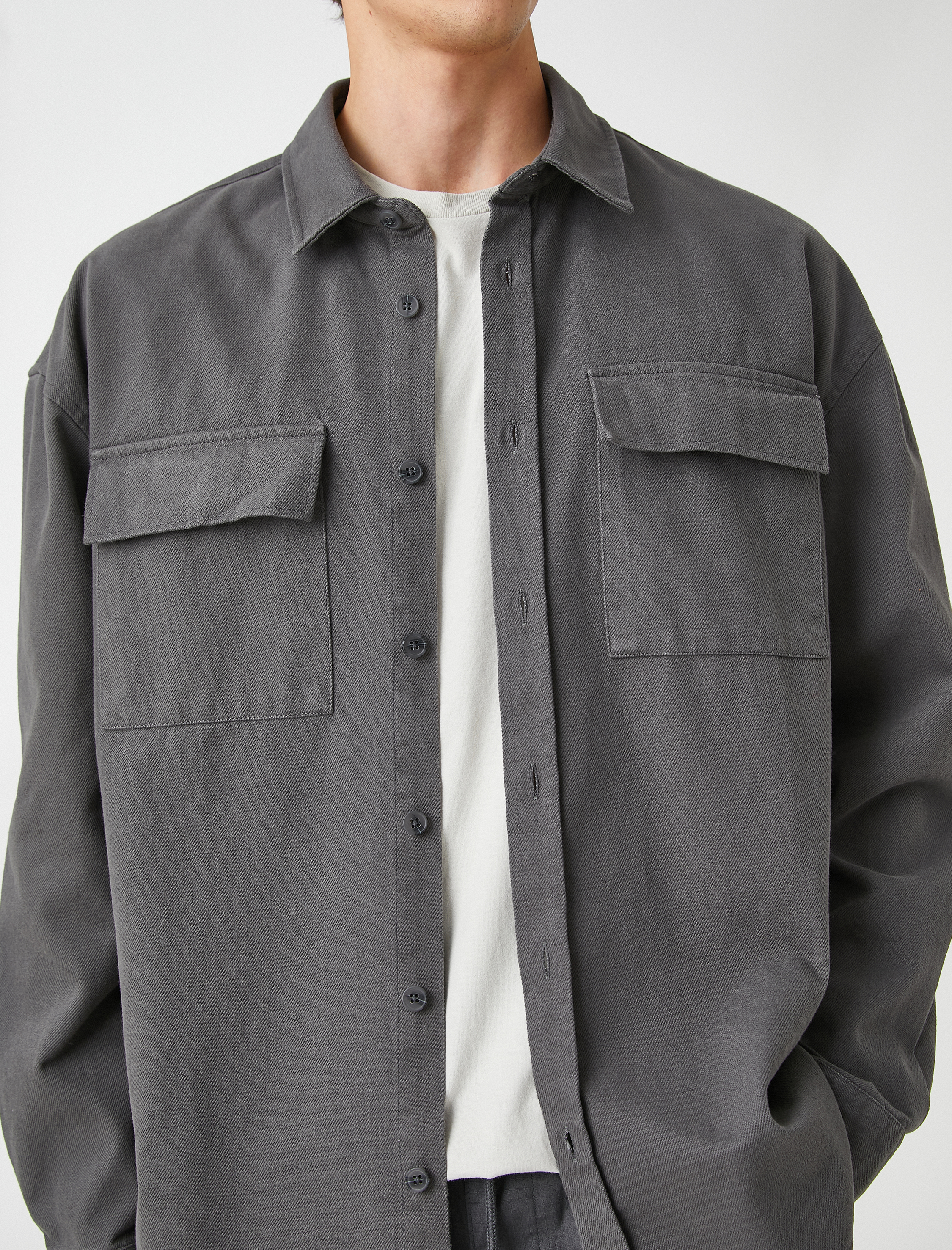   Oversize Kanvas Gömlek Slogan Baskılı Pamuklu Klasik Yaka Cep Detaylı