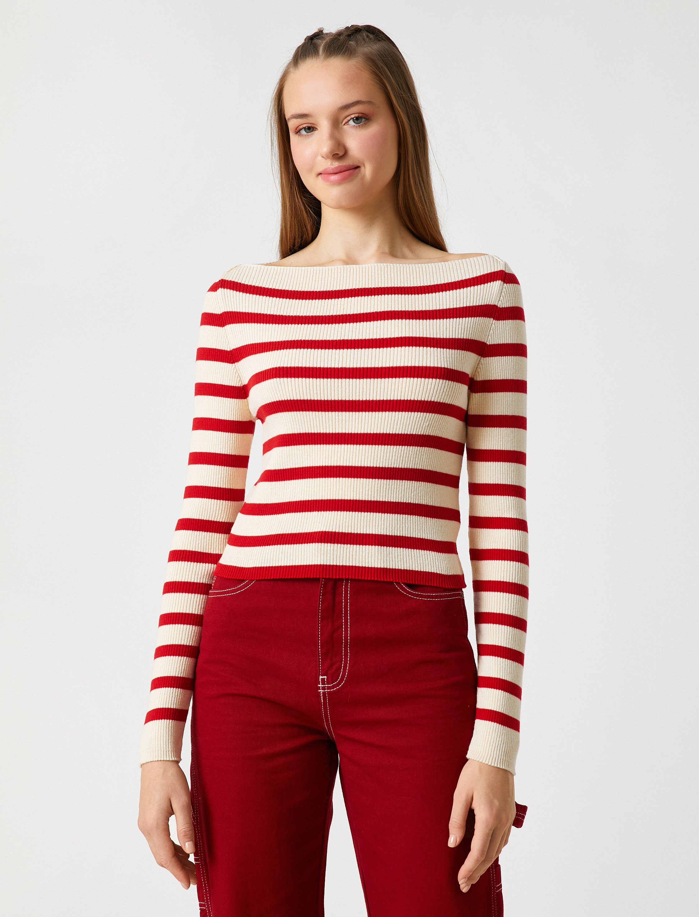   Triko Kazak Kayık Yaka Uzun Kollu Fitilli