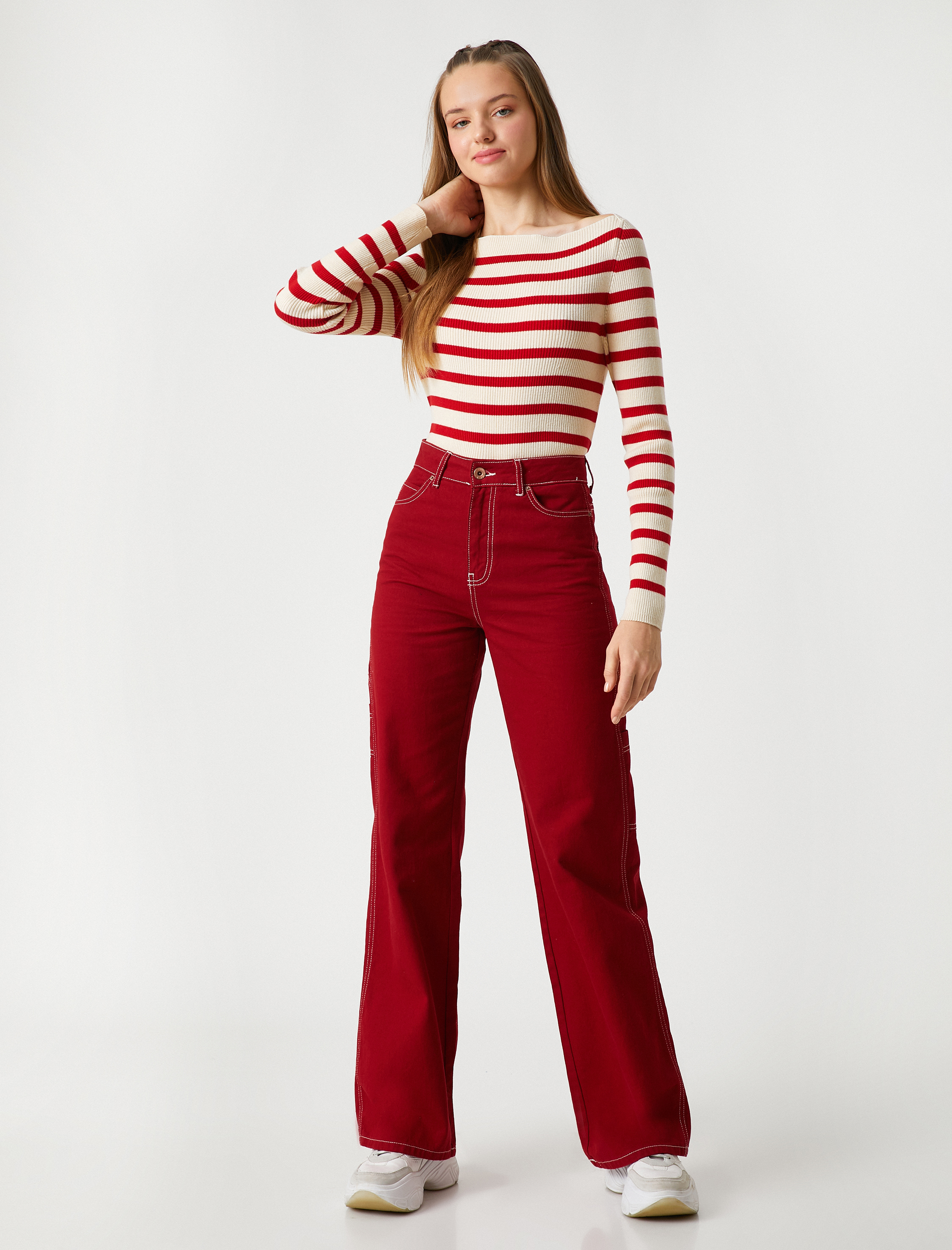   Triko Kazak Kayık Yaka Uzun Kollu Fitilli