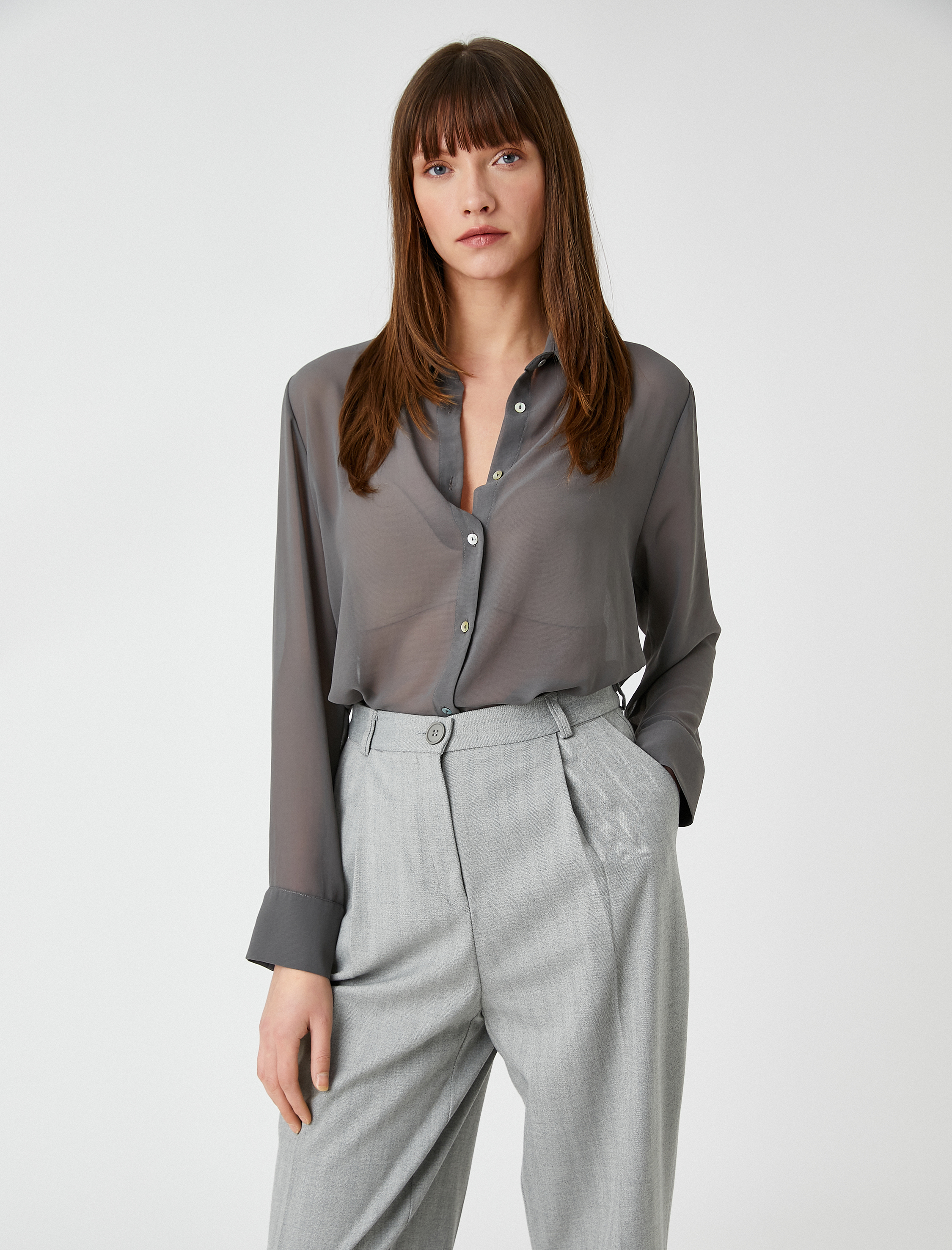   Şifon Gömlek Uzun Kollu Düğmeli