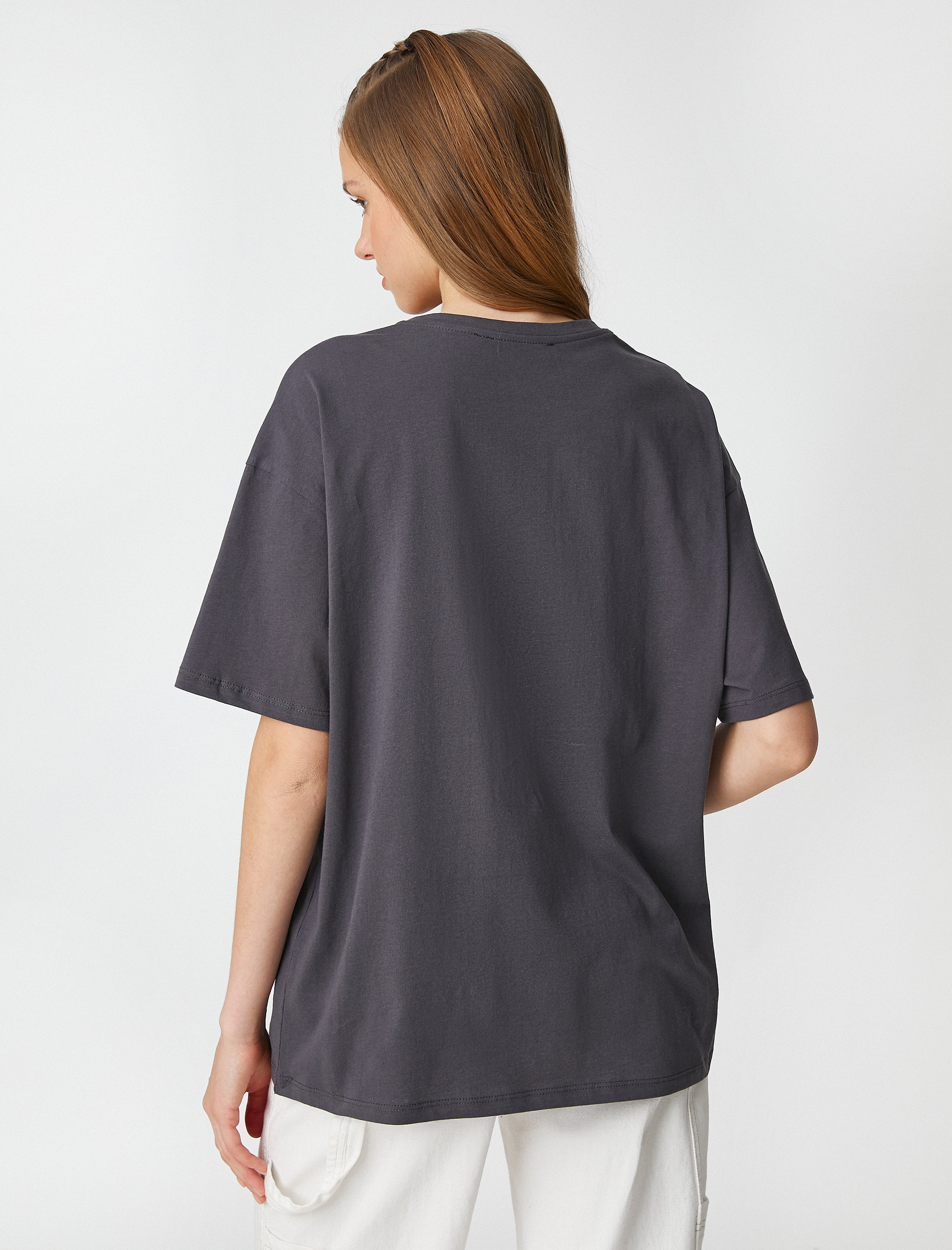   Baskılı Oversize Tişört Bisiklet Yaka Kısa Kollu