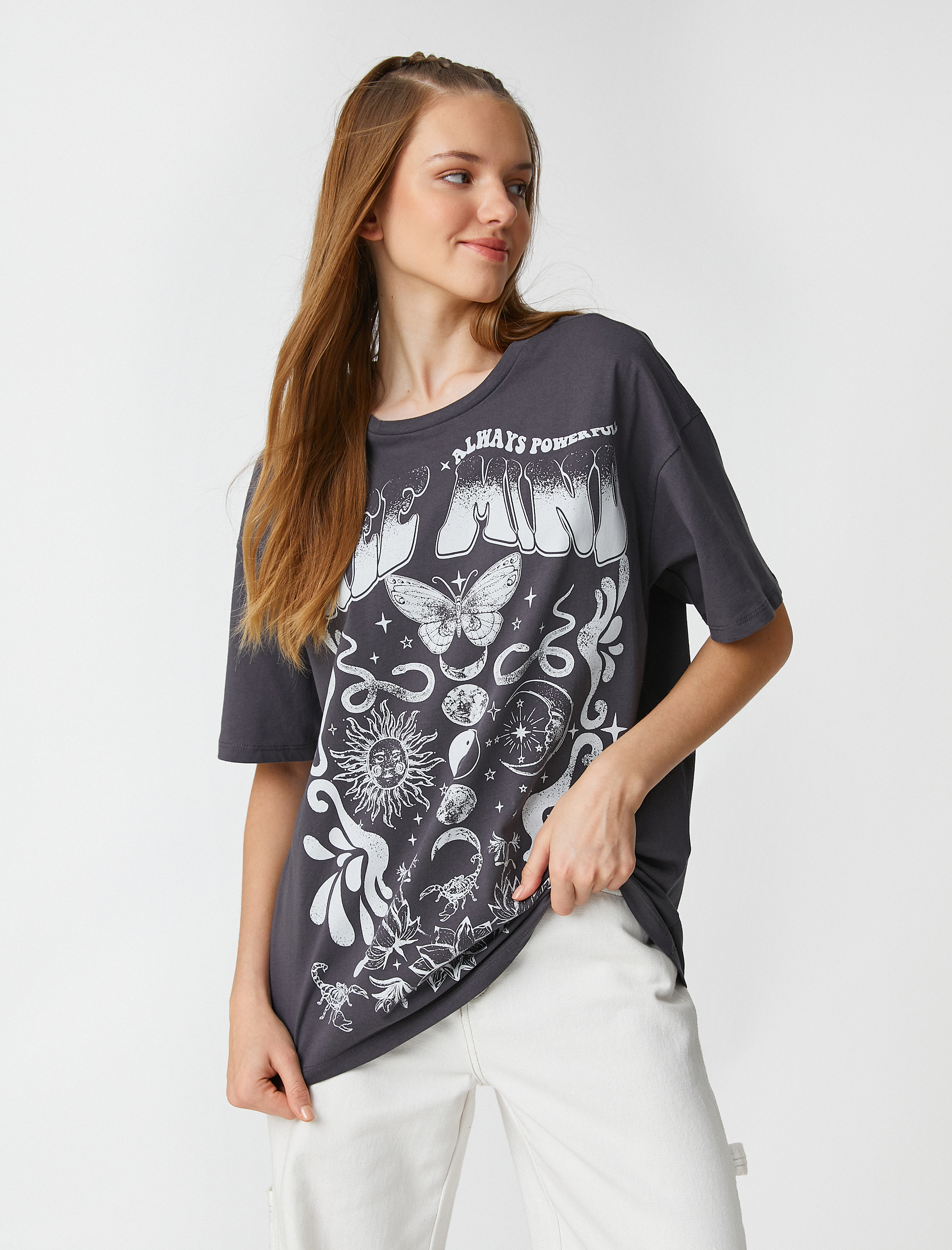   Baskılı Oversize Tişört Bisiklet Yaka Kısa Kollu